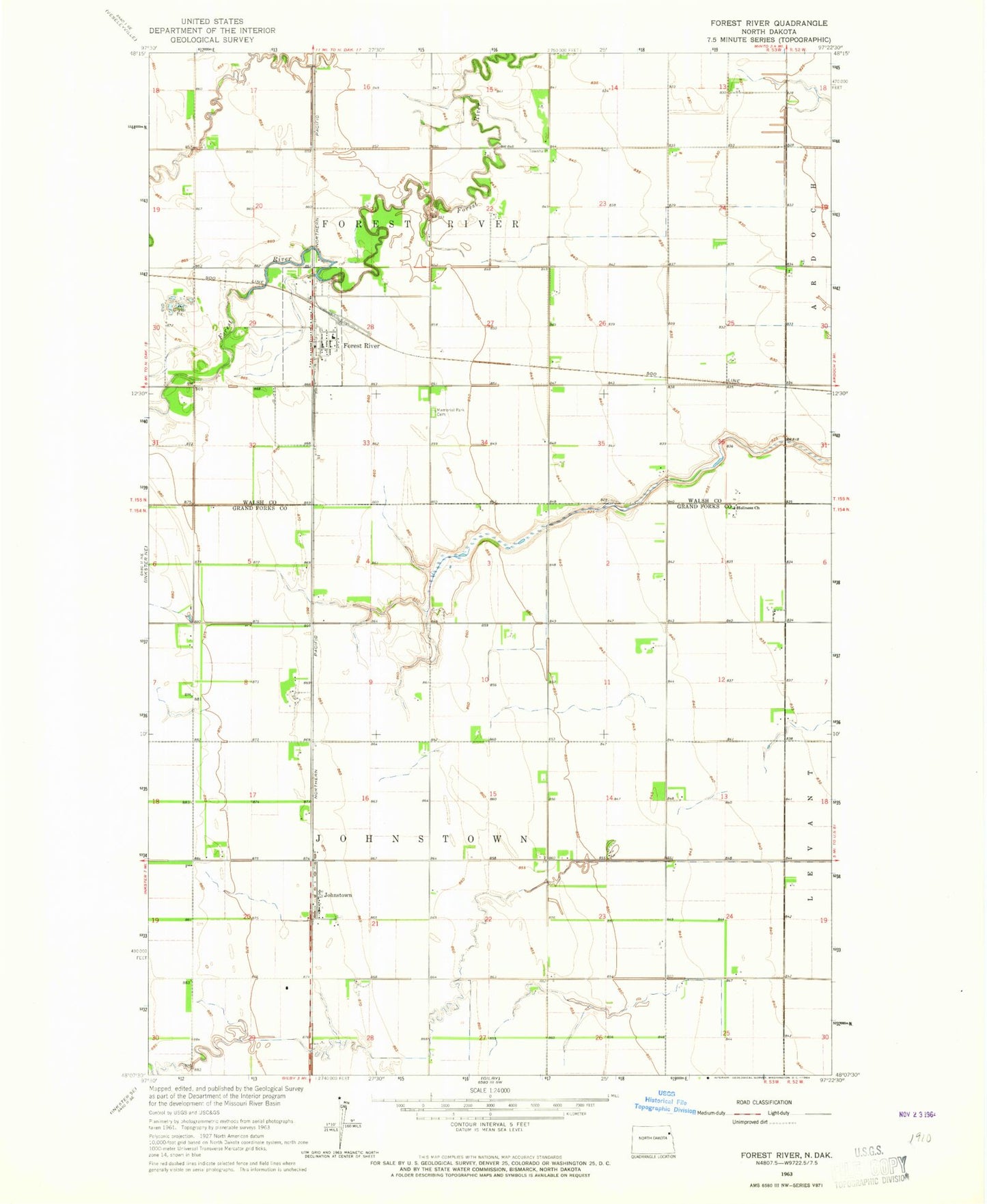 Classic USGS Forest River North Dakota 7.5'x7.5' Topo Map Image