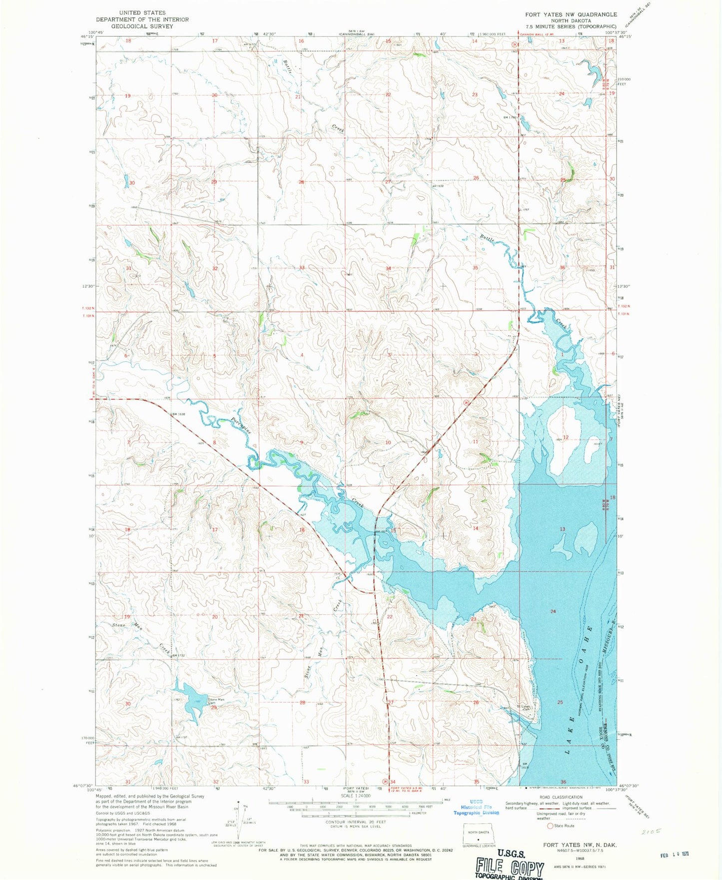 Classic USGS Fort Yates NW North Dakota 7.5'x7.5' Topo Map Image