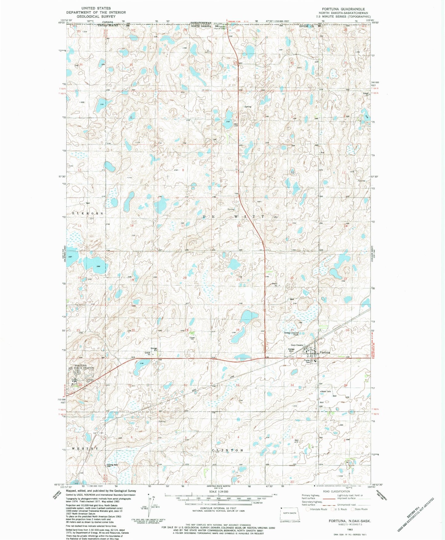 Classic USGS Fortuna North Dakota 7.5'x7.5' Topo Map Image