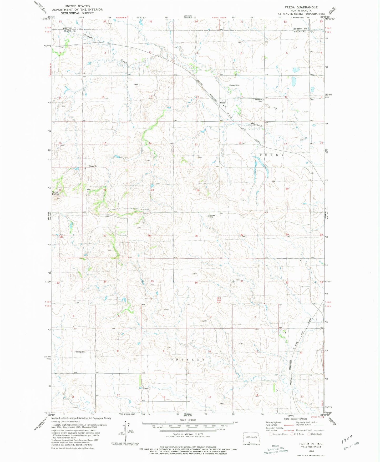 Classic USGS Freda North Dakota 7.5'x7.5' Topo Map Image