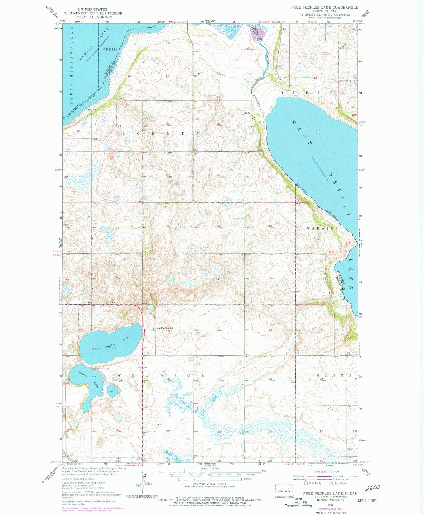 Classic USGS Free Peoples Lake North Dakota 7.5'x7.5' Topo Map Image