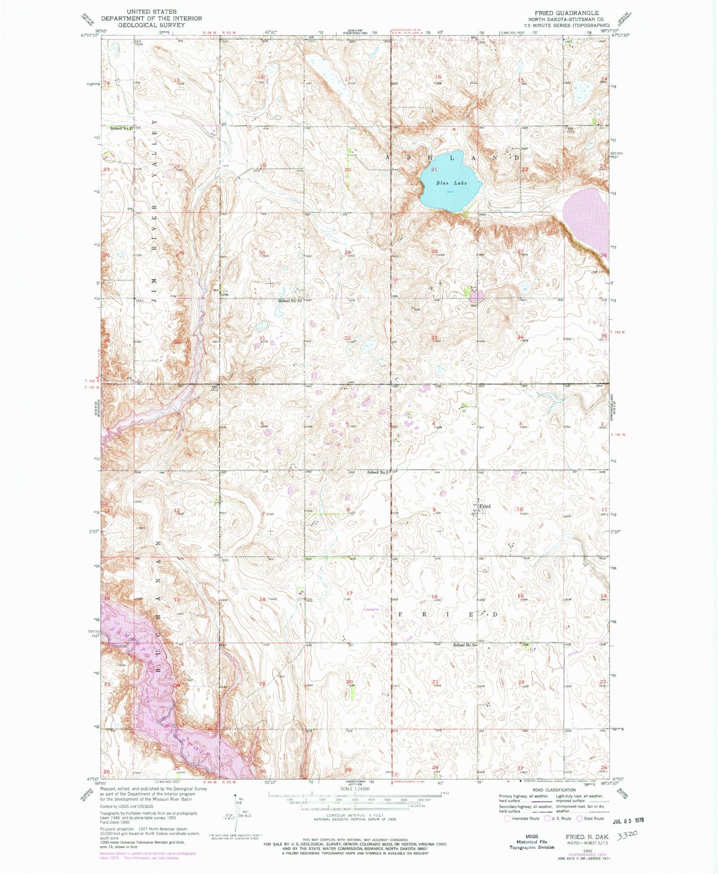 Classic USGS Fried North Dakota 7.5'x7.5' Topo Map Image