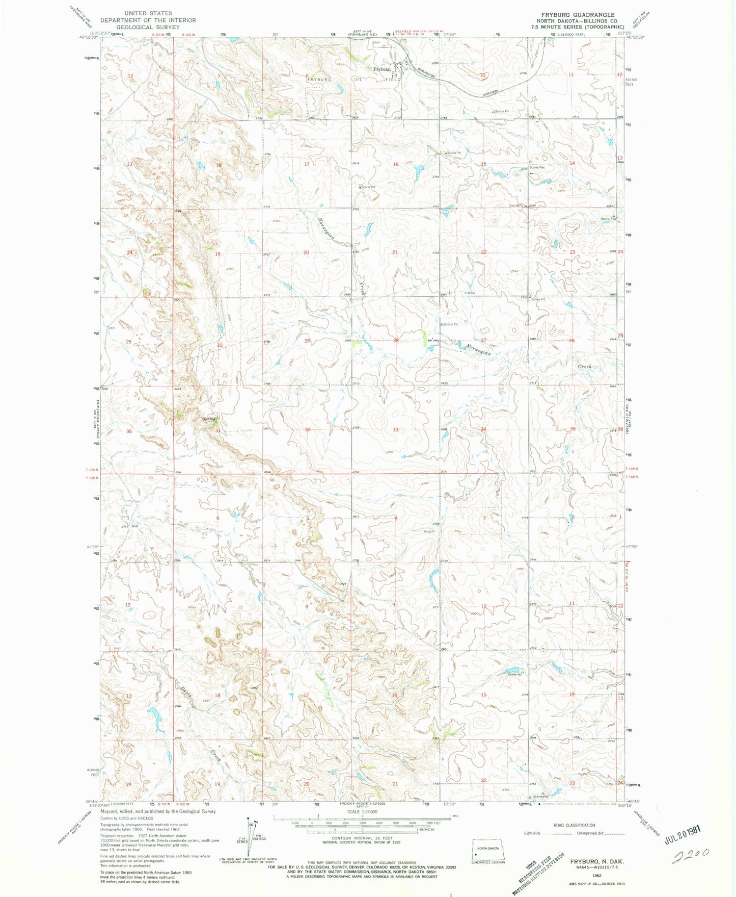 Classic USGS Fryburg North Dakota 7.5'x7.5' Topo Map Image