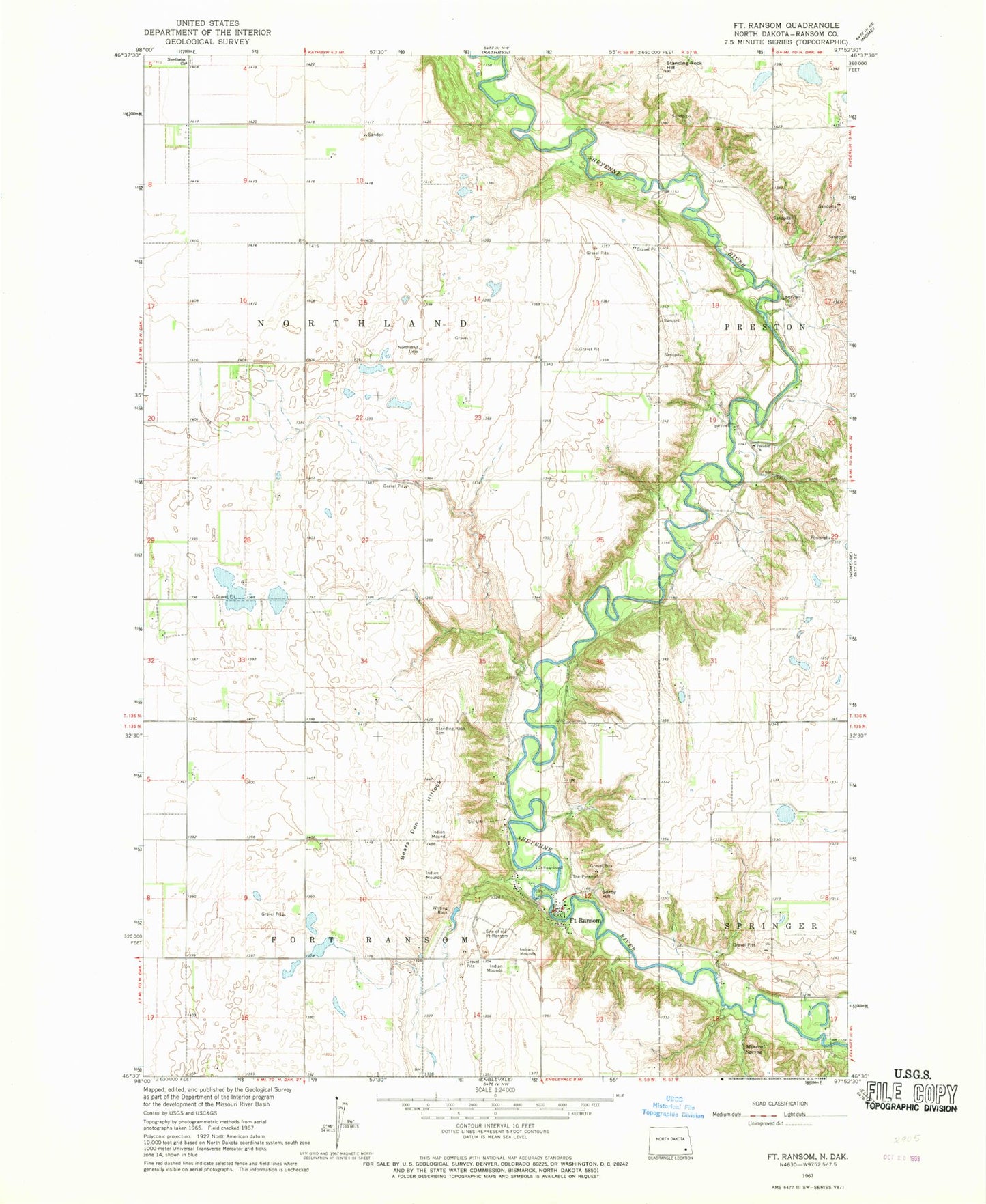 Classic USGS Fort Ransom North Dakota 7.5'x7.5' Topo Map Image