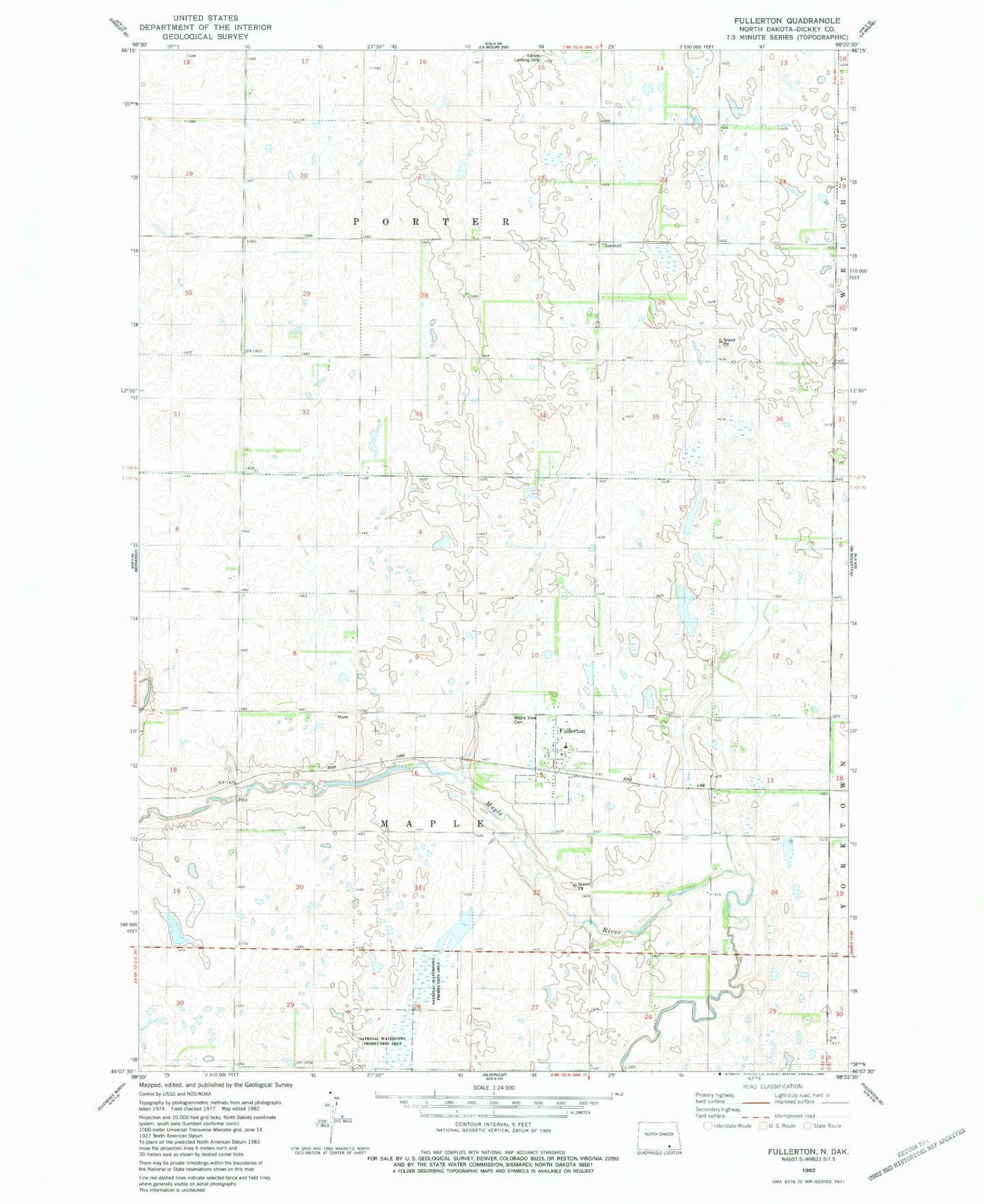 Classic USGS Fullerton North Dakota 7.5'x7.5' Topo Map Image
