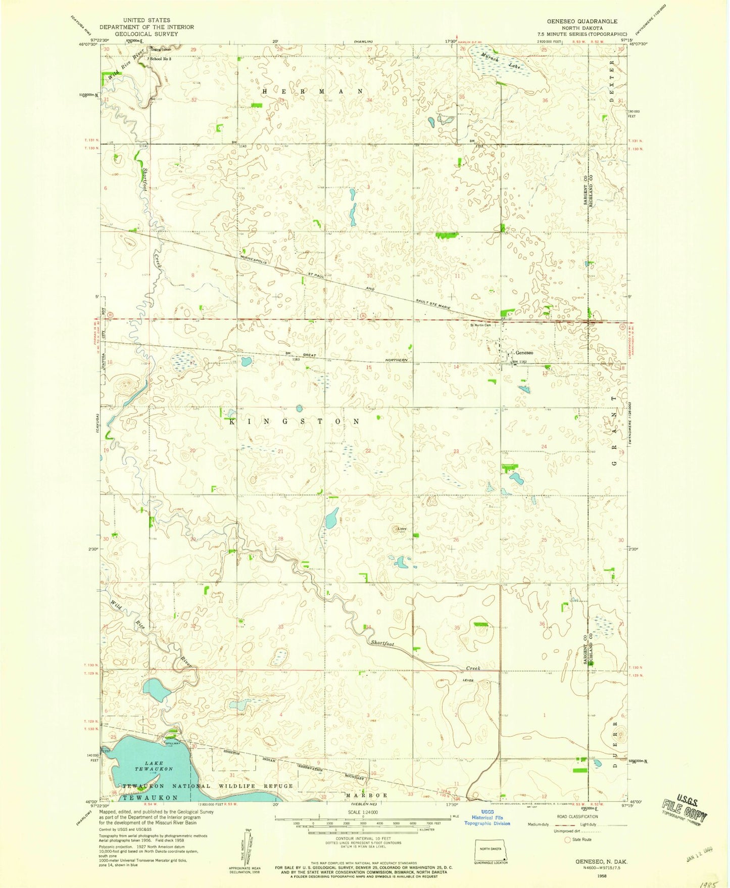 Classic USGS Geneseo North Dakota 7.5'x7.5' Topo Map Image