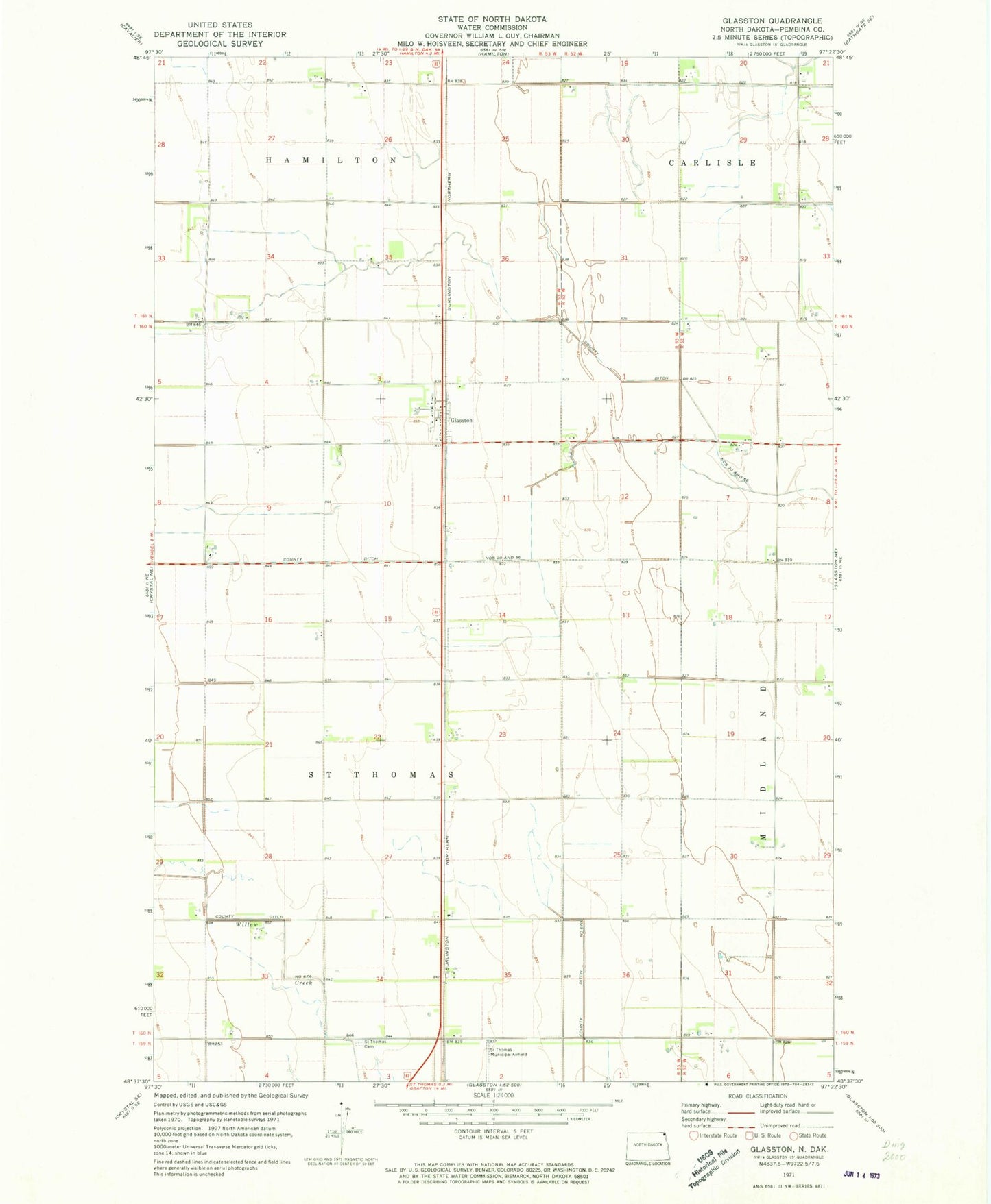 Classic USGS Glasston North Dakota 7.5'x7.5' Topo Map Image