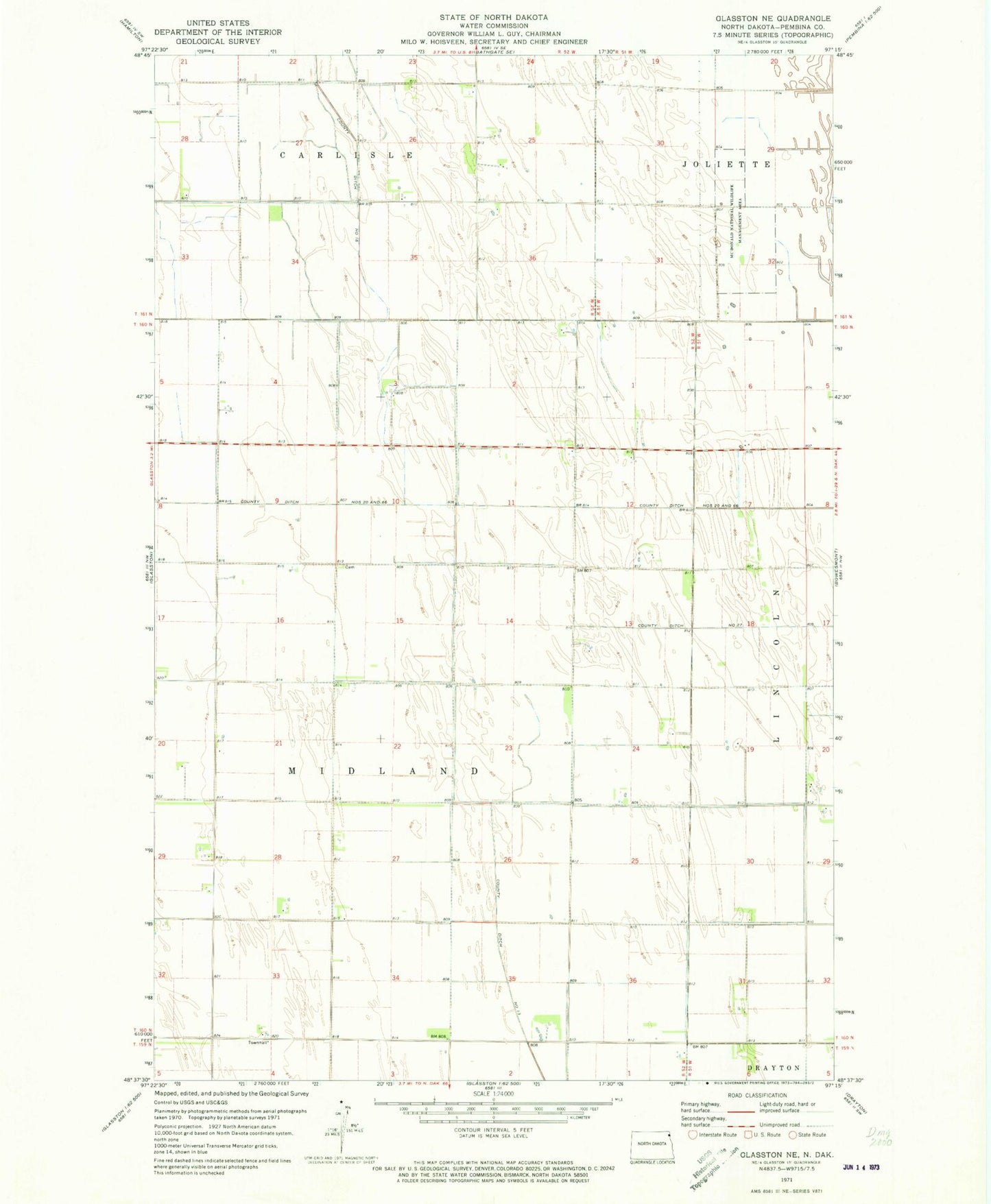 Classic USGS Glasston NE North Dakota 7.5'x7.5' Topo Map Image