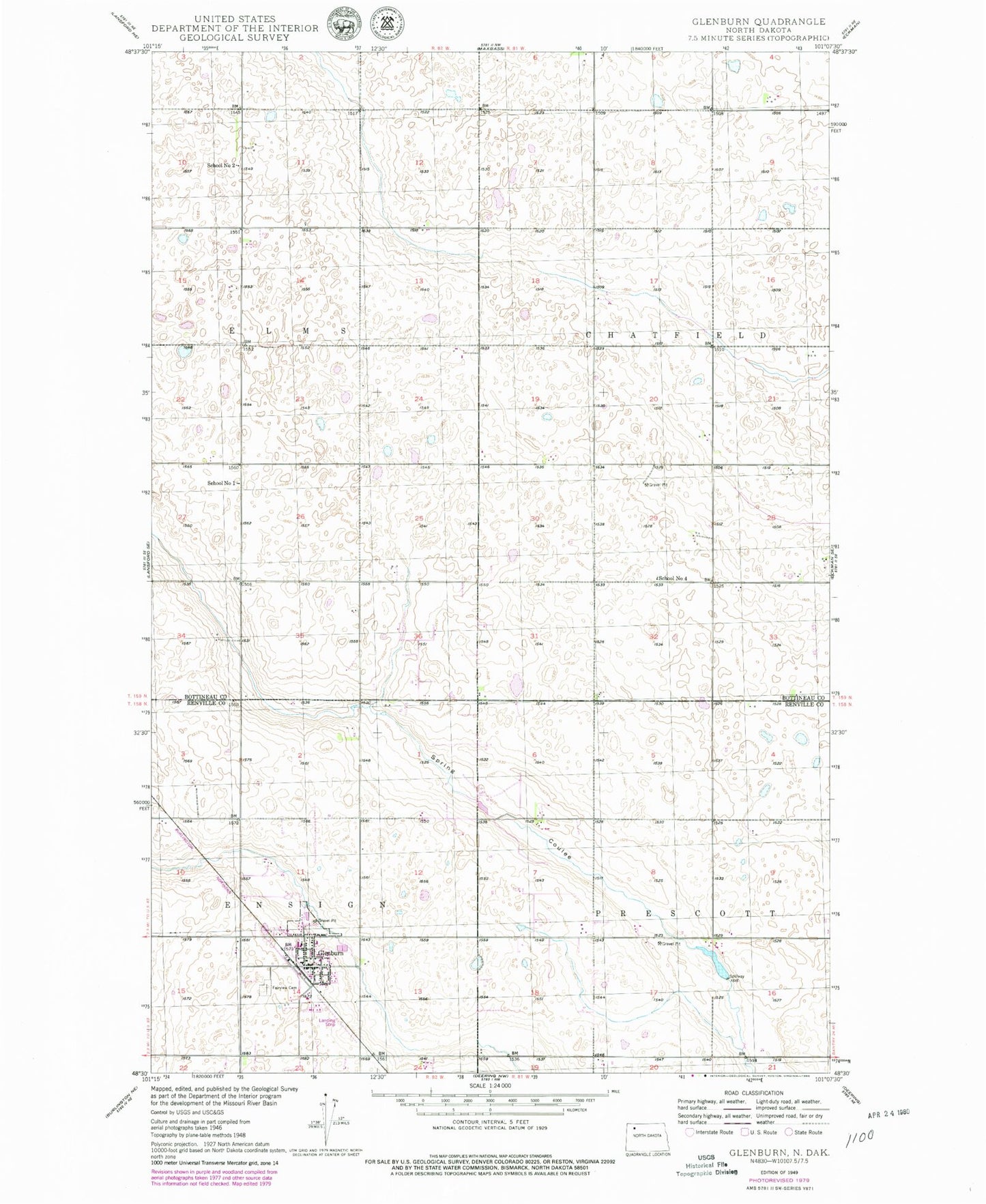 Classic USGS Glenburn North Dakota 7.5'x7.5' Topo Map Image