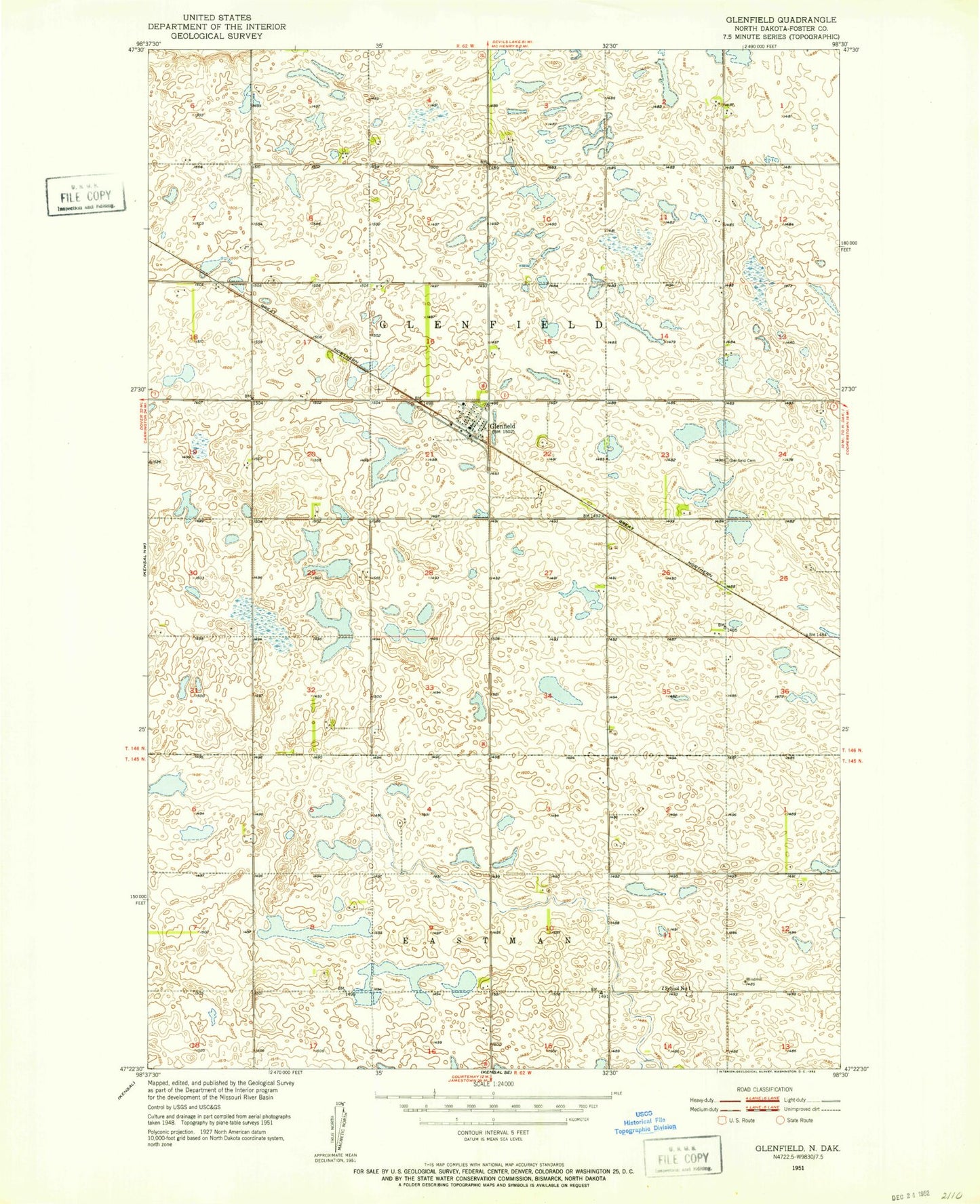 Classic USGS Glenfield North Dakota 7.5'x7.5' Topo Map Image