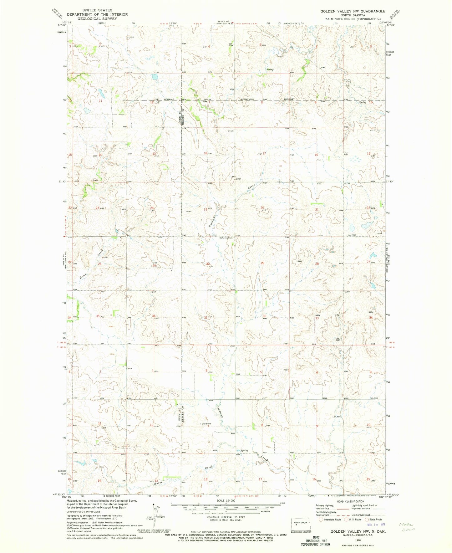 Classic USGS Golden Valley NW North Dakota 7.5'x7.5' Topo Map Image