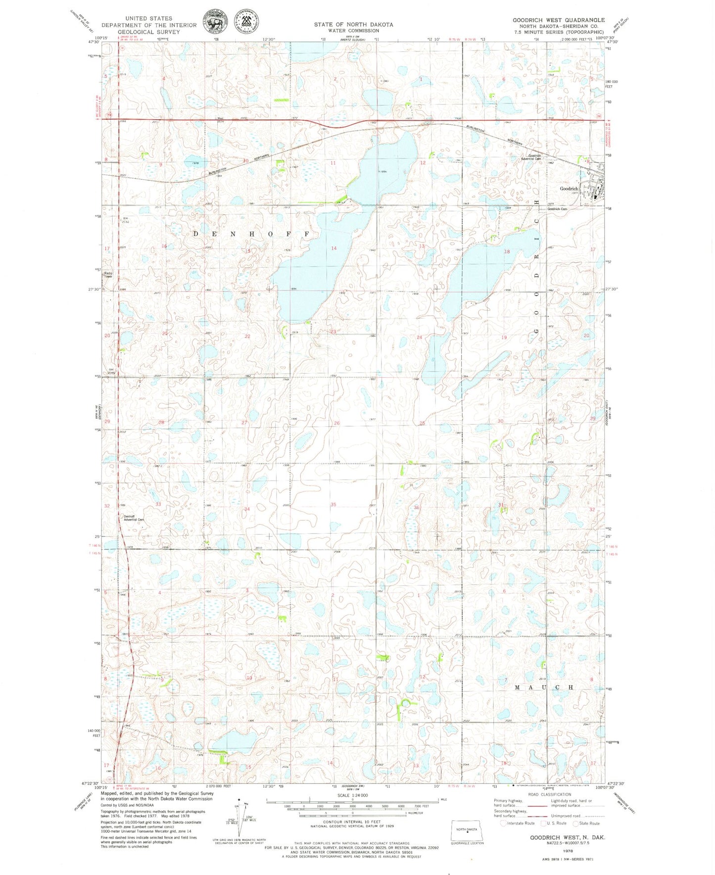 Classic USGS Goodrich West North Dakota 7.5'x7.5' Topo Map Image