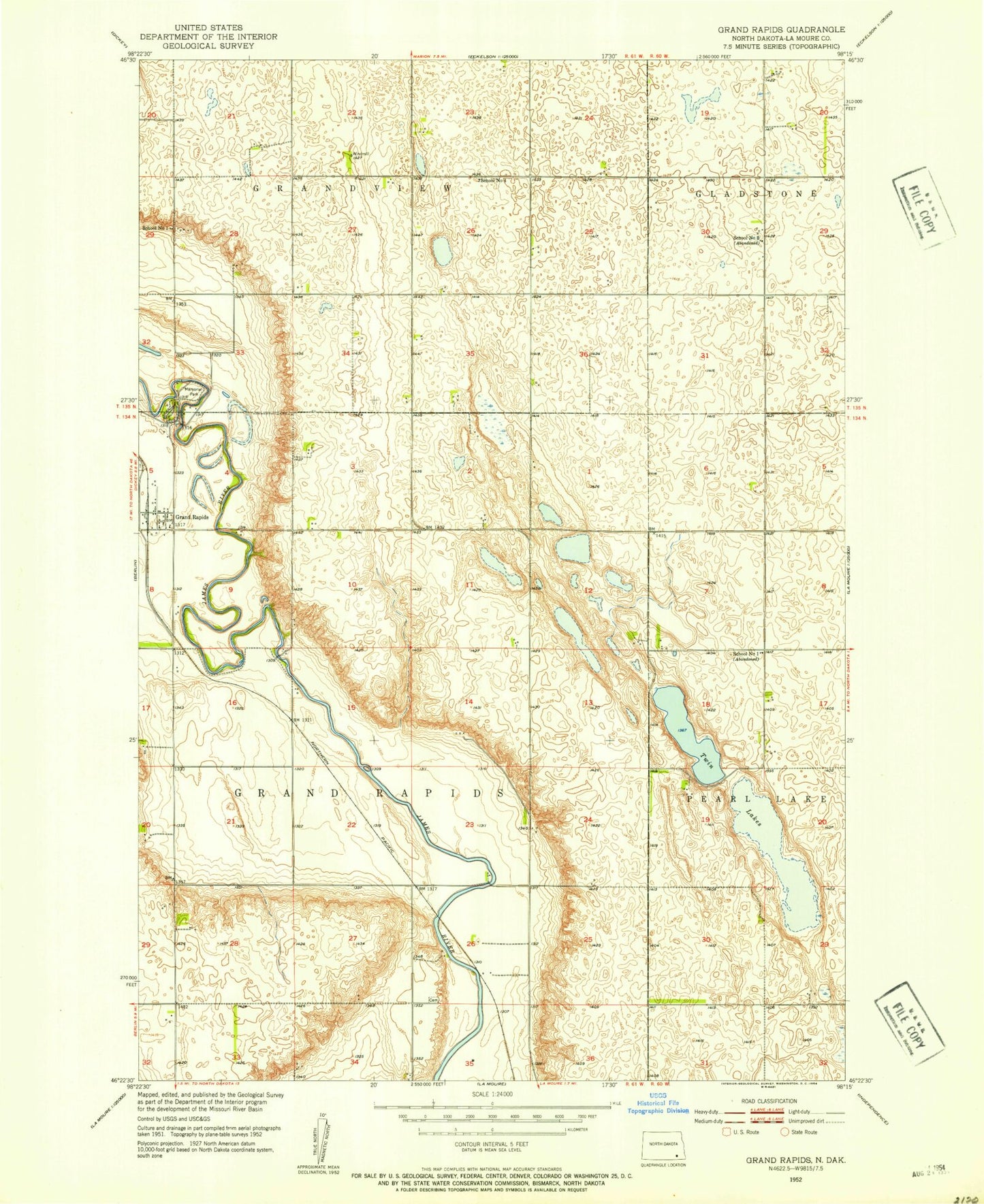 Classic USGS Grand Rapids North Dakota 7.5'x7.5' Topo Map Image