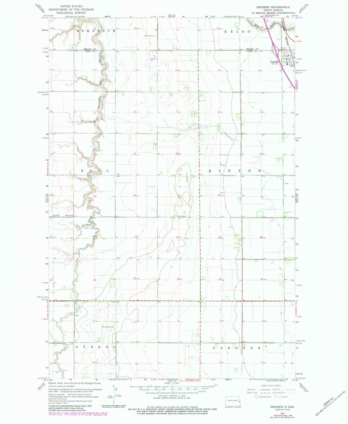 Classic USGS Grandin North Dakota 7.5'x7.5' Topo Map Image