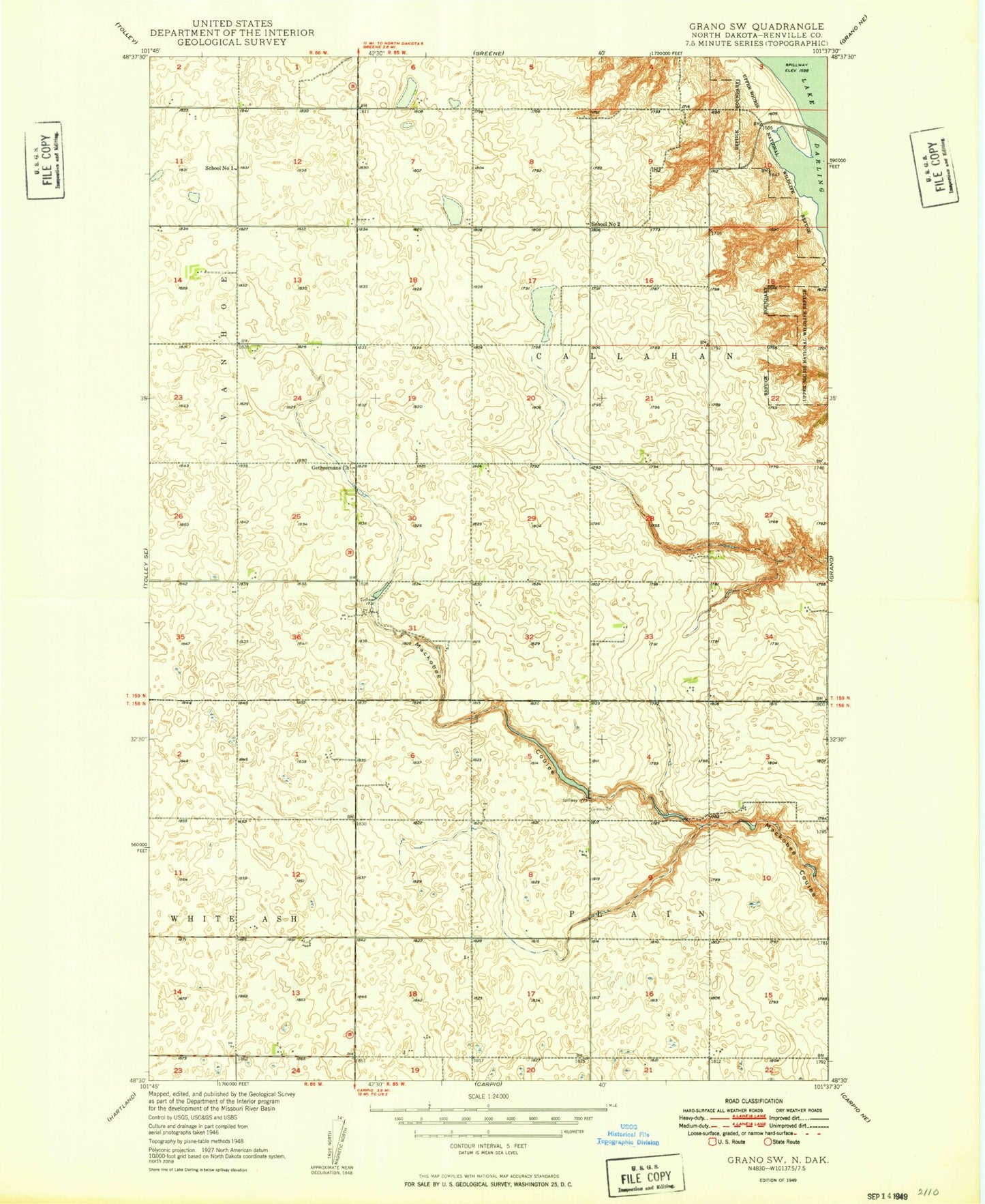 Classic USGS Grano SW North Dakota 7.5'x7.5' Topo Map Image