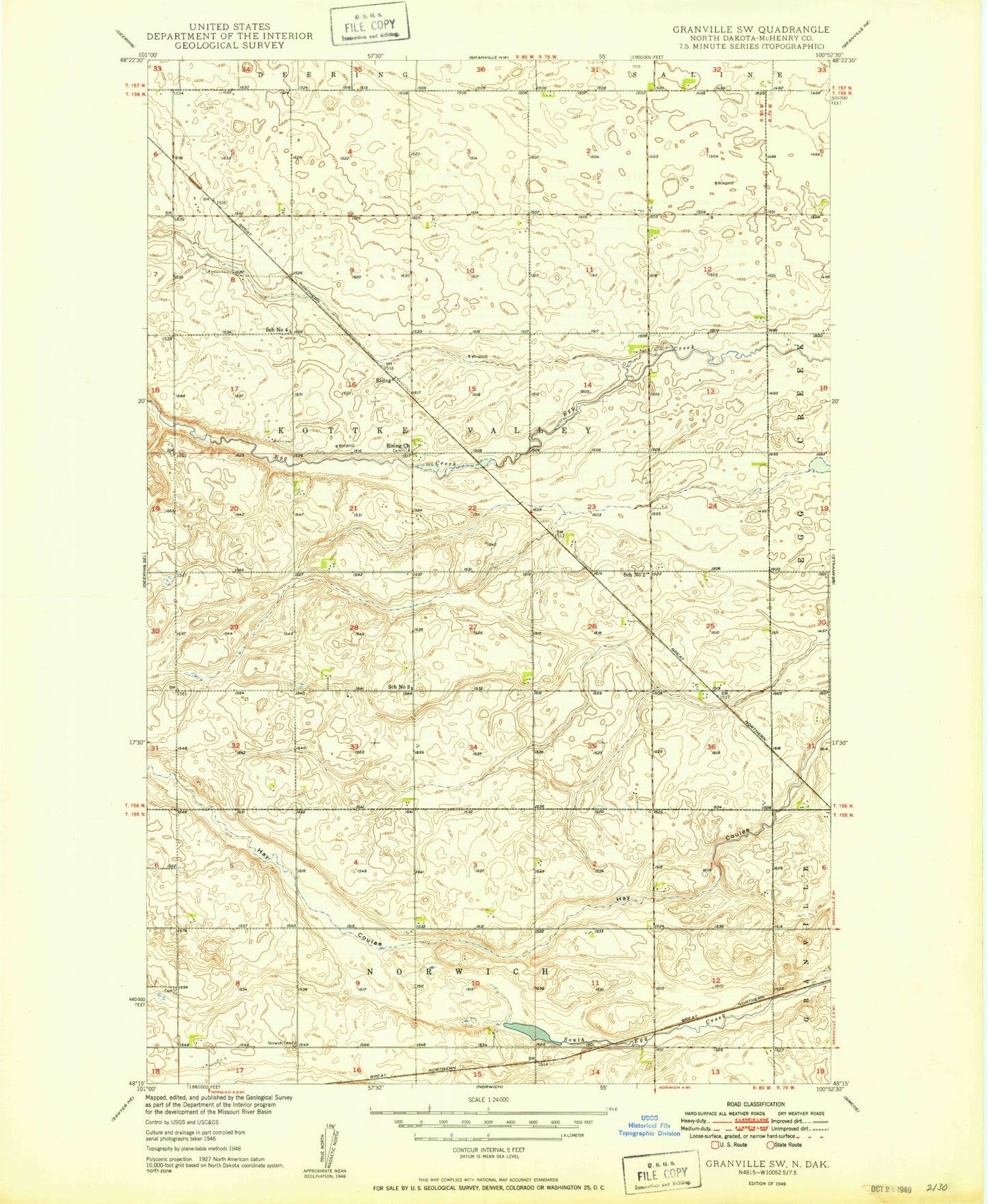 Classic USGS Granville SW North Dakota 7.5'x7.5' Topo Map Image