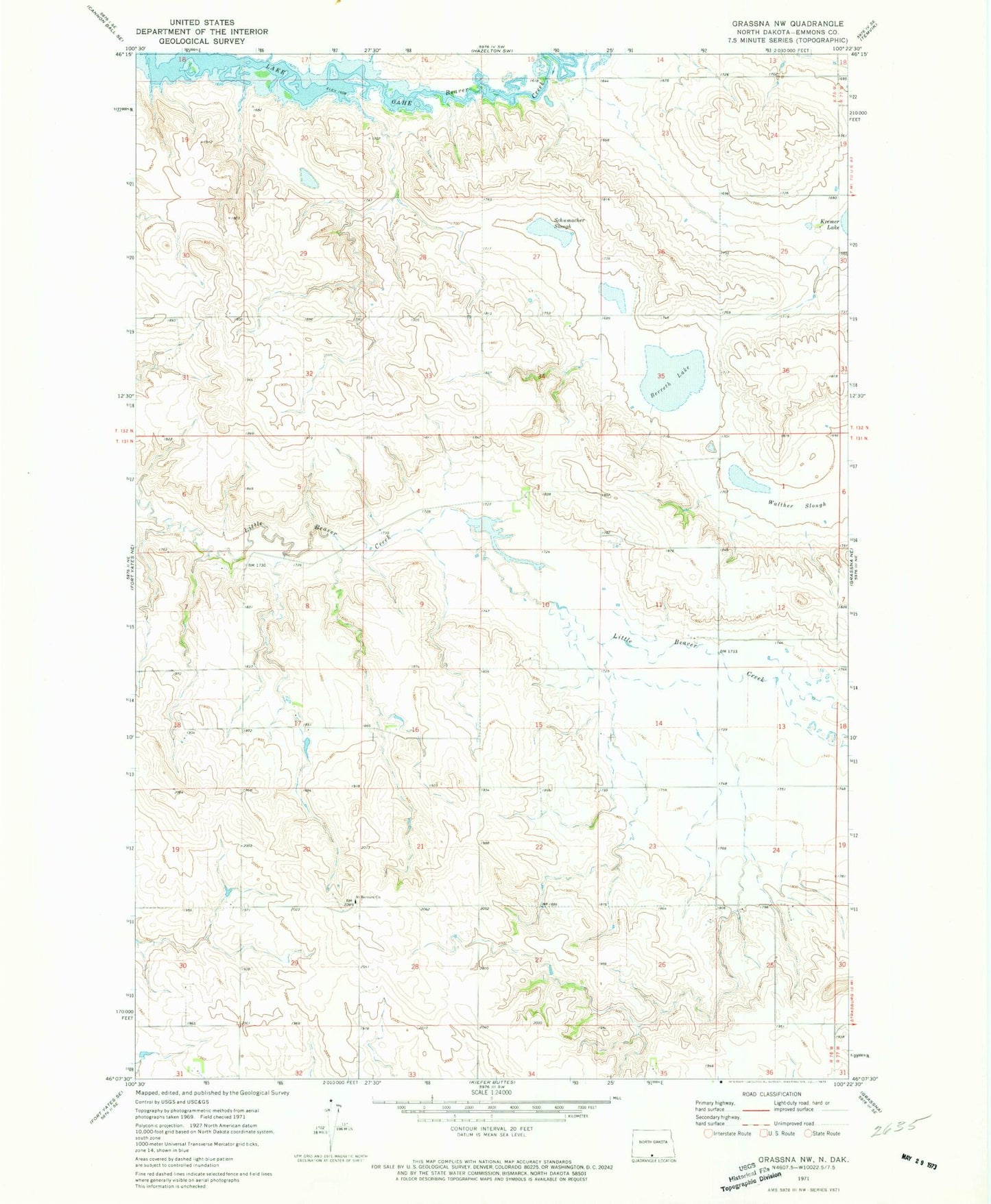 Classic USGS Grassna NW North Dakota 7.5'x7.5' Topo Map Image