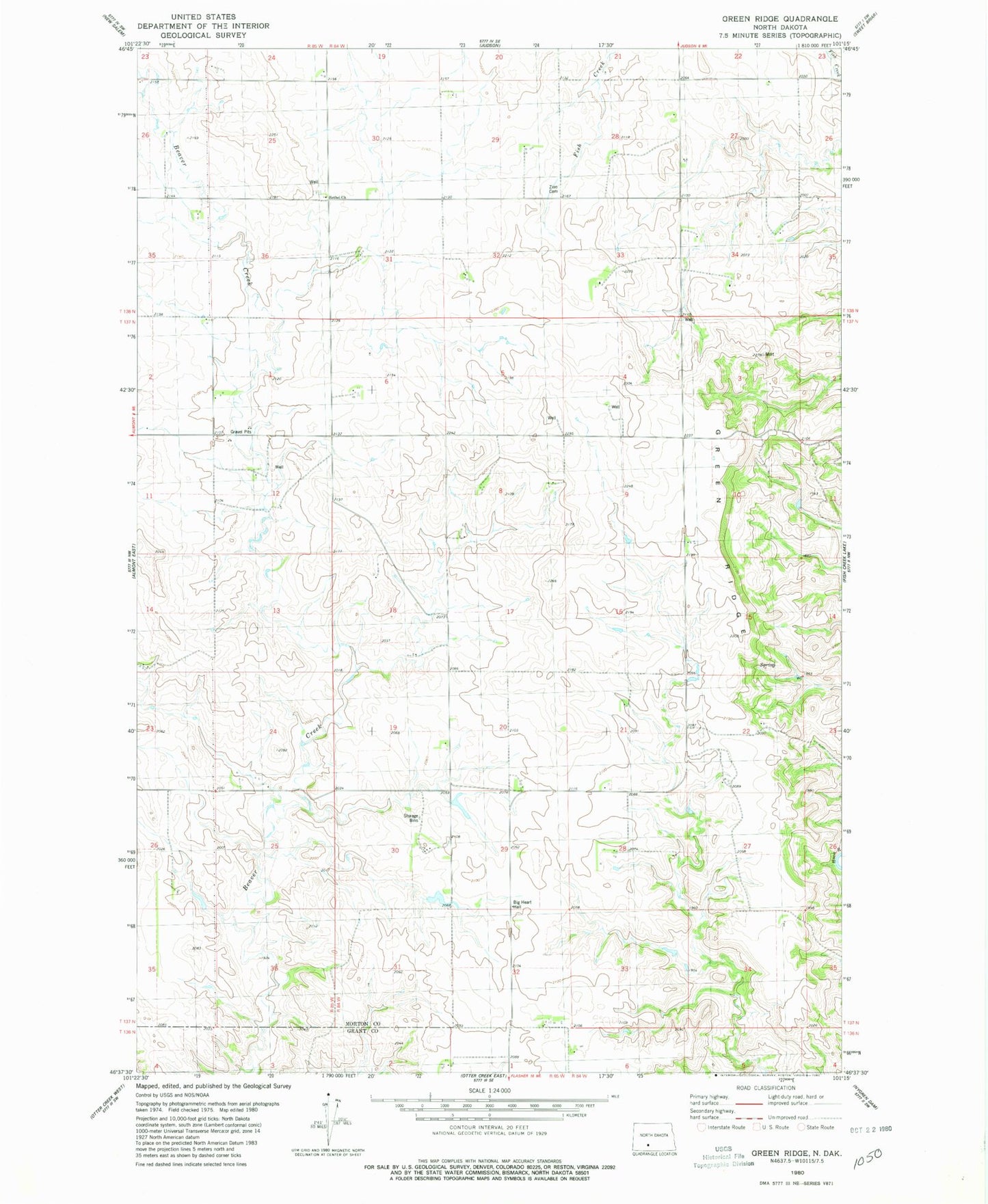 Classic USGS Green Ridge North Dakota 7.5'x7.5' Topo Map Image