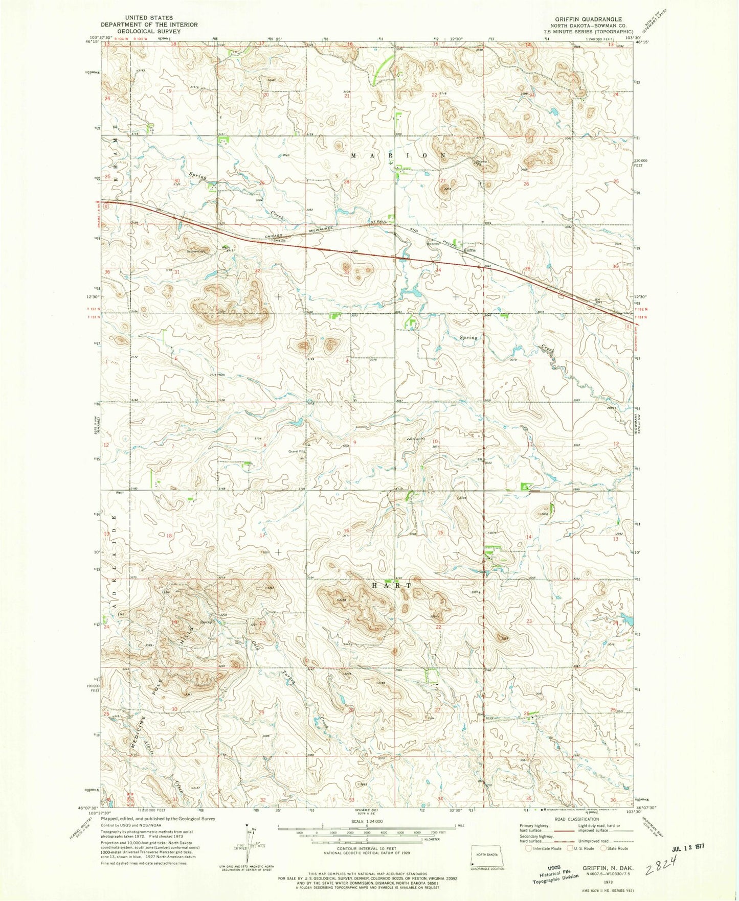 Classic USGS Griffin North Dakota 7.5'x7.5' Topo Map Image