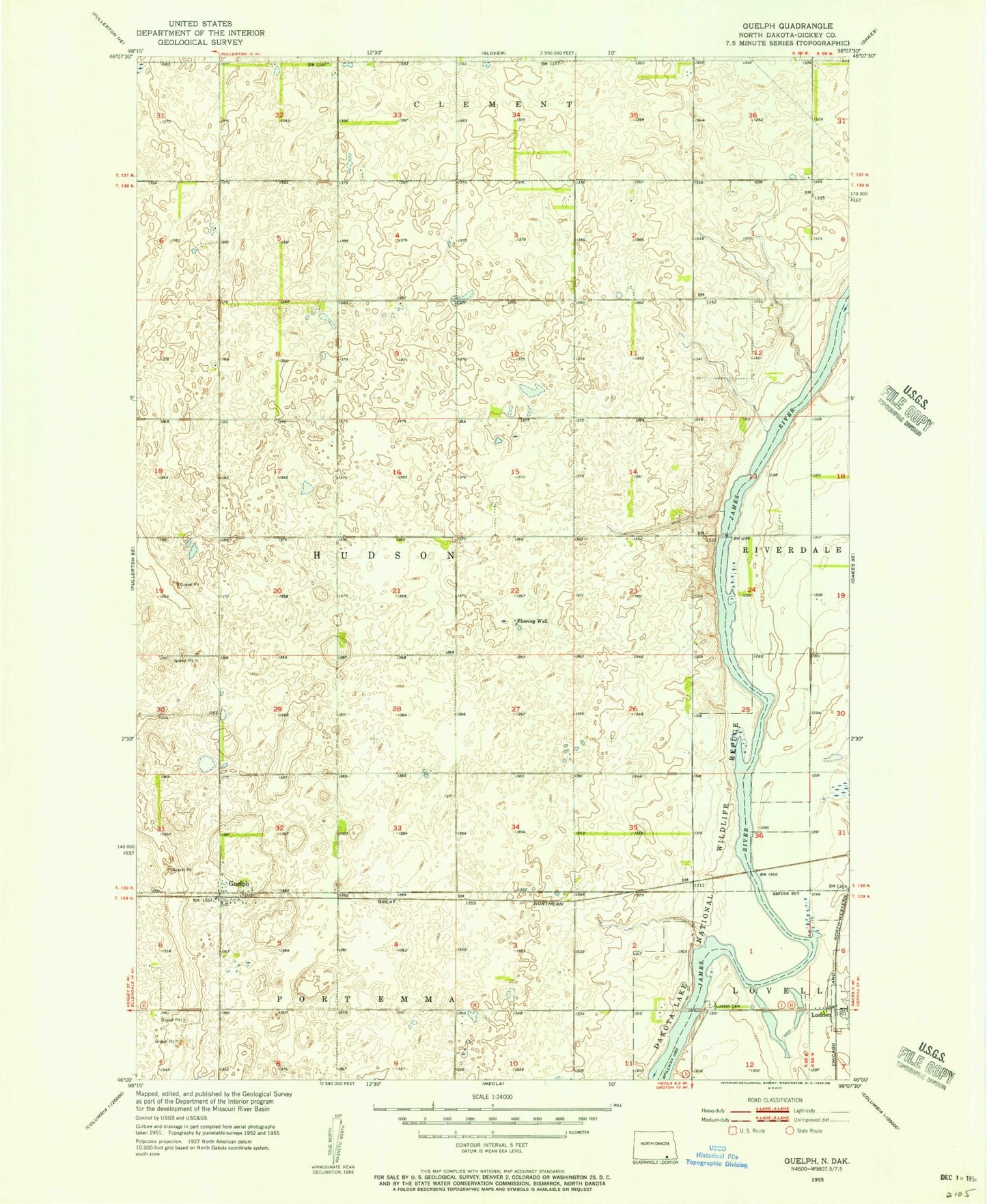 Classic USGS Guelph North Dakota 7.5'x7.5' Topo Map Image