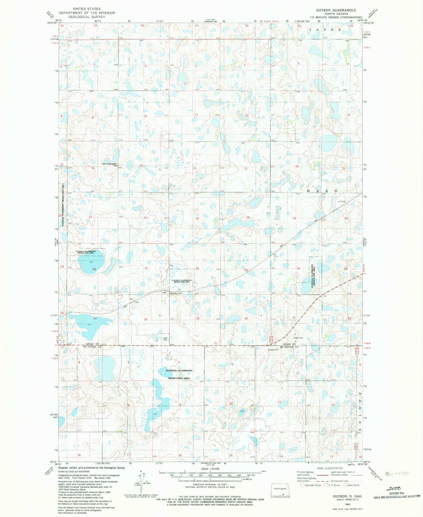 Classic USGS Guyson North Dakota 7.5'x7.5' Topo Map Image