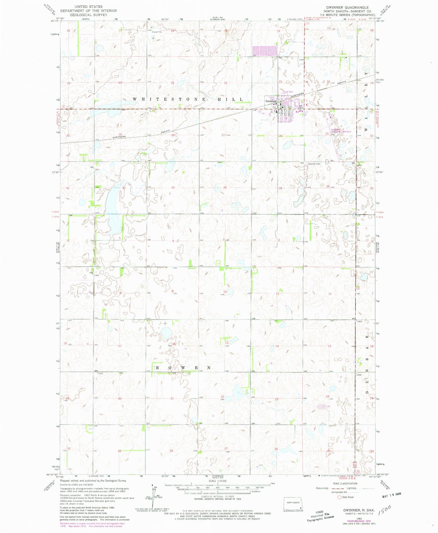 Classic USGS Gwinner North Dakota 7.5'x7.5' Topo Map Image