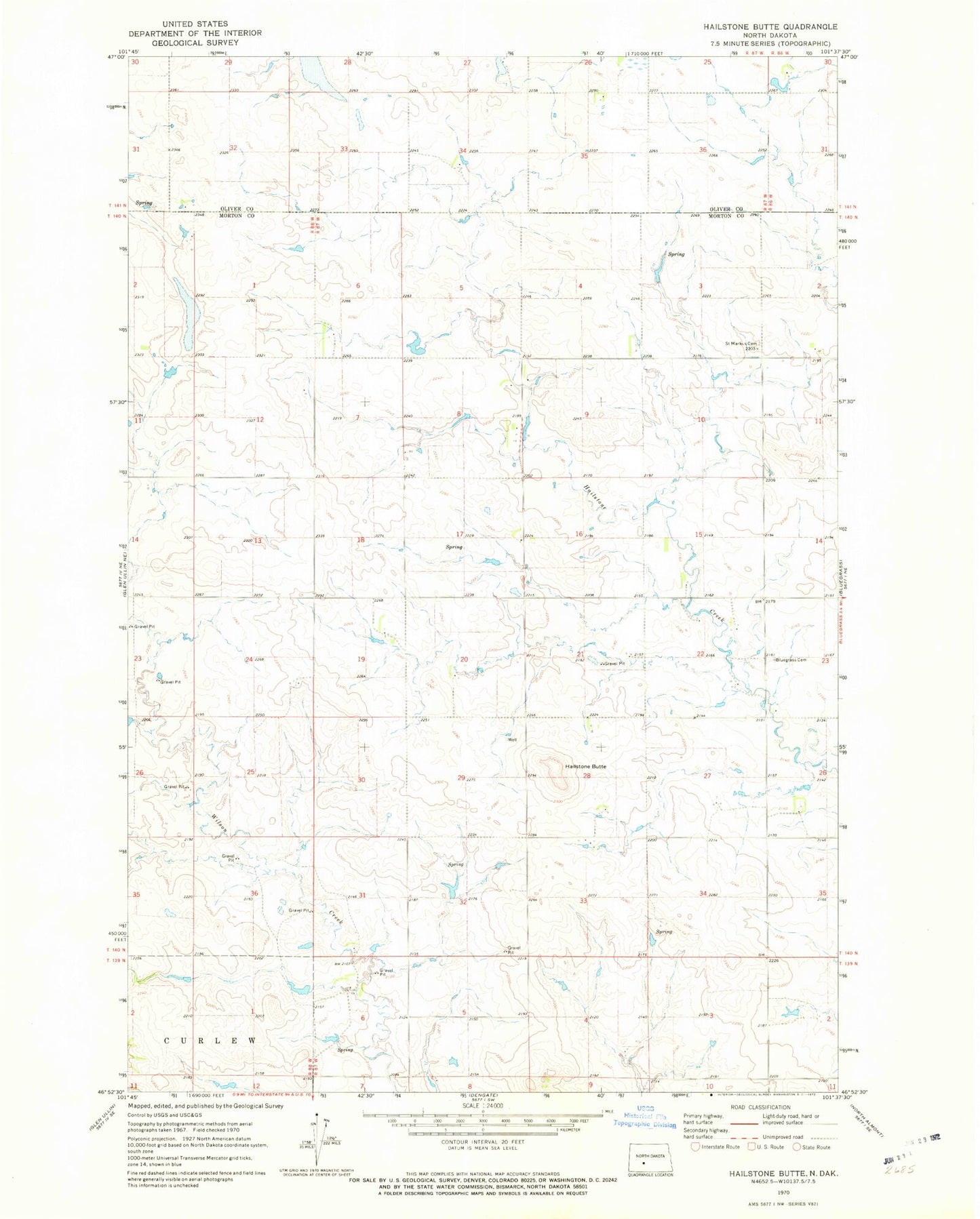 Classic USGS Hailstone Butte North Dakota 7.5'x7.5' Topo Map Image