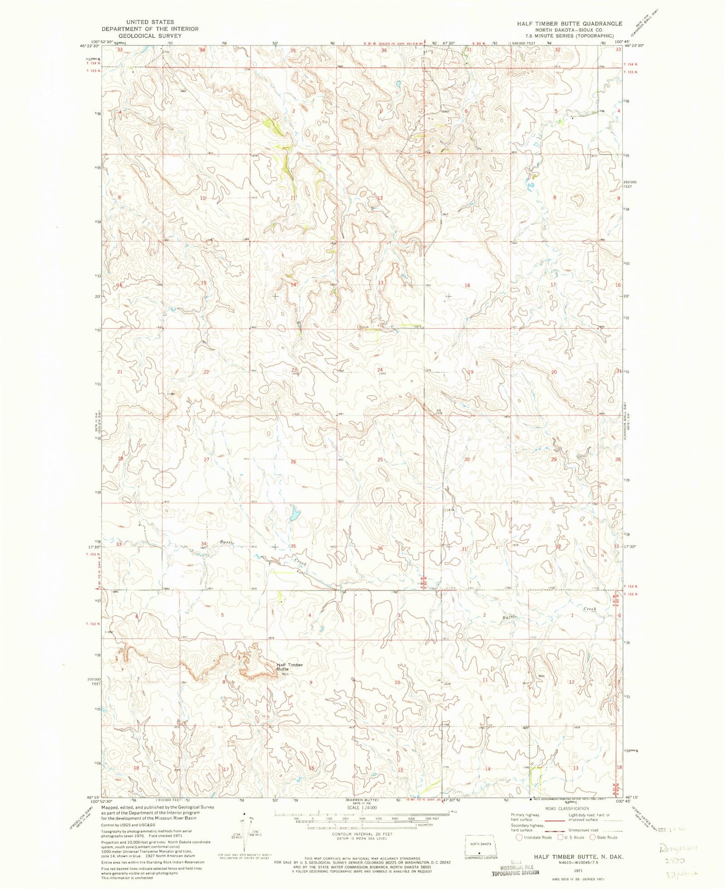 Classic USGS Half Timber Butte North Dakota 7.5'x7.5' Topo Map Image