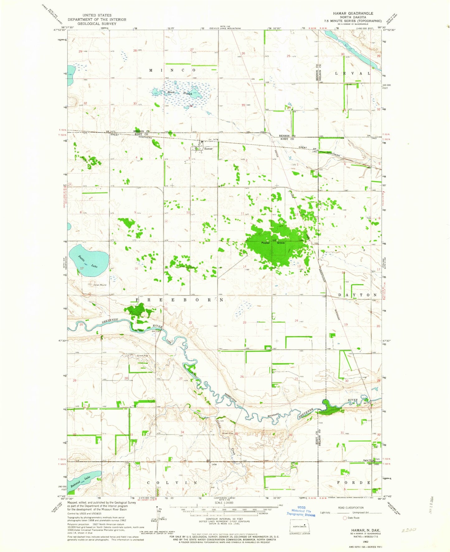 Classic USGS Hamar North Dakota 7.5'x7.5' Topo Map Image