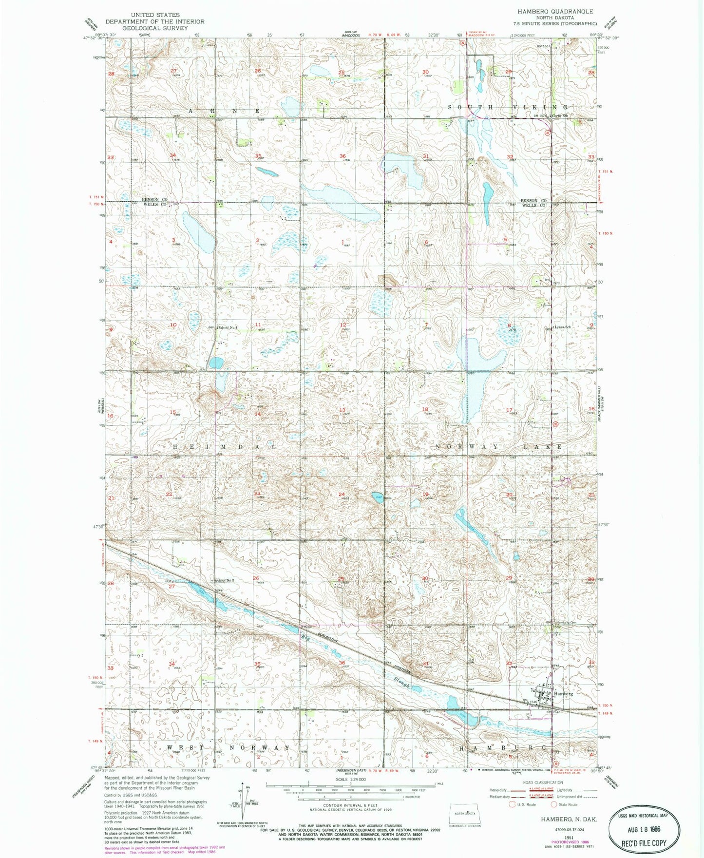 Classic USGS Hamberg North Dakota 7.5'x7.5' Topo Map Image