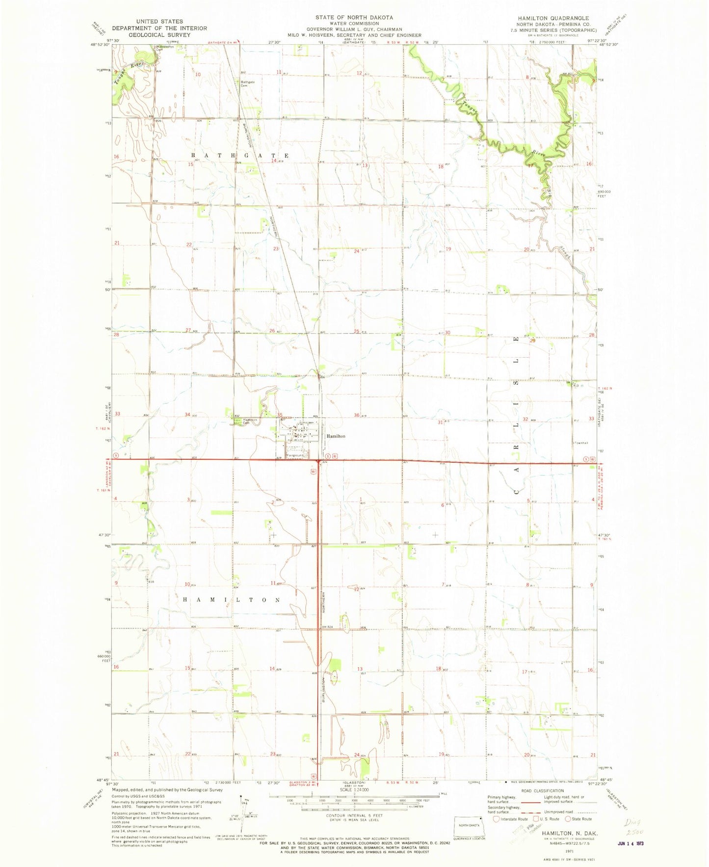 Classic USGS Hamilton North Dakota 7.5'x7.5' Topo Map Image
