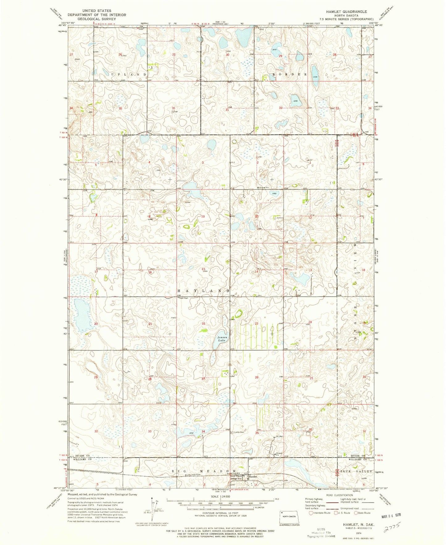 Classic USGS Hamlet North Dakota 7.5'x7.5' Topo Map Image