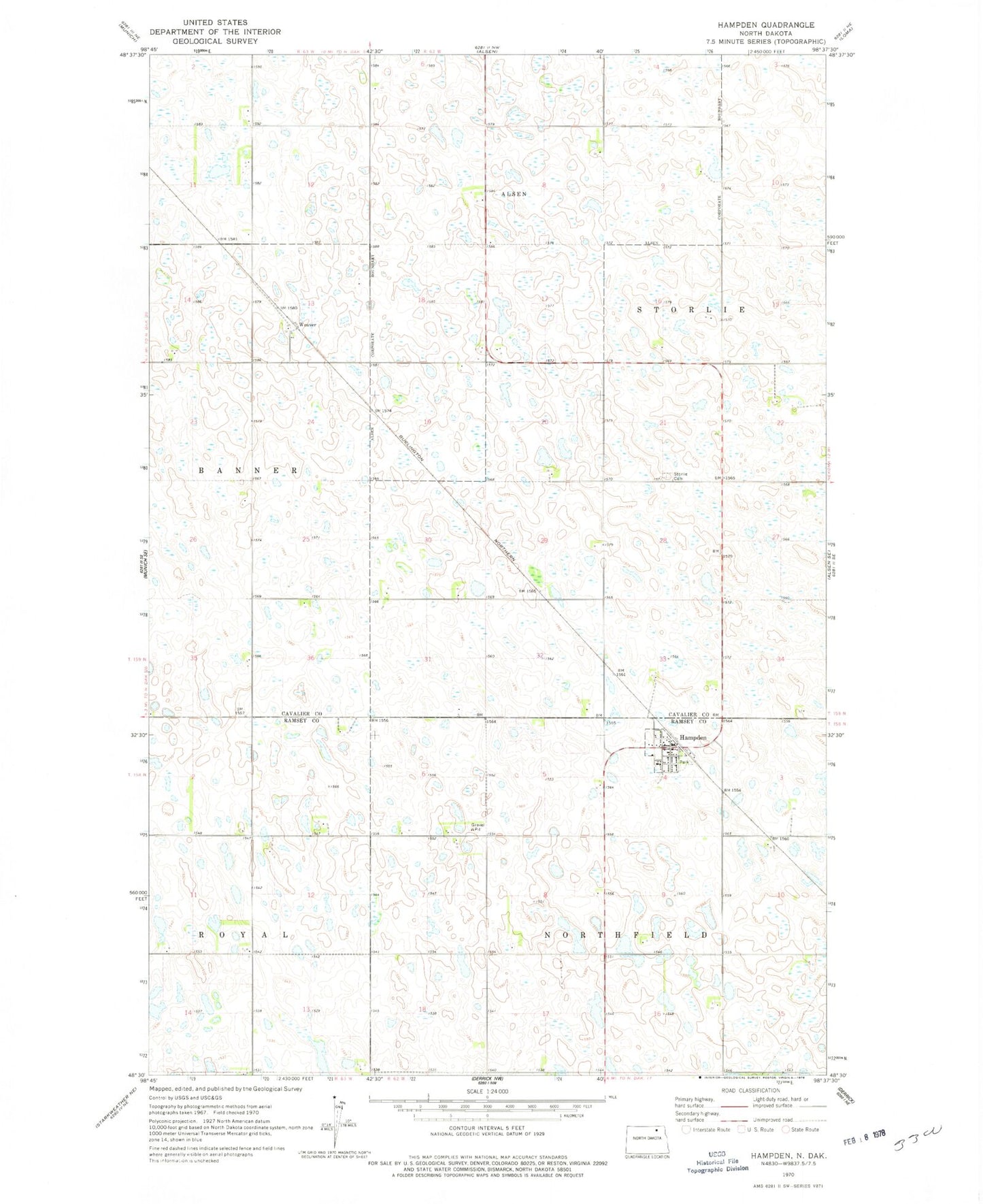 Classic USGS Hampden North Dakota 7.5'x7.5' Topo Map Image