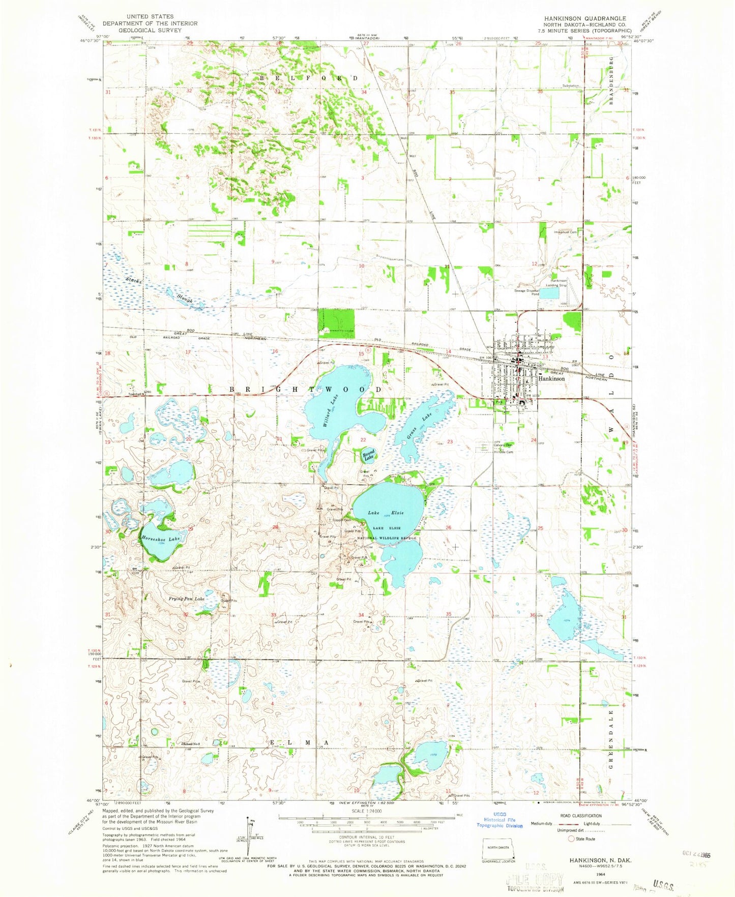 Classic USGS Hankinson North Dakota 7.5'x7.5' Topo Map Image