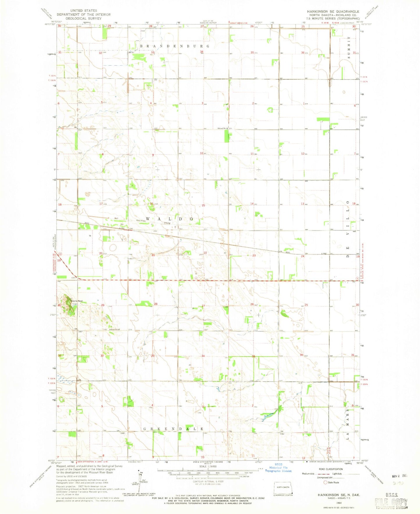 Classic USGS Hankinson SE North Dakota 7.5'x7.5' Topo Map Image