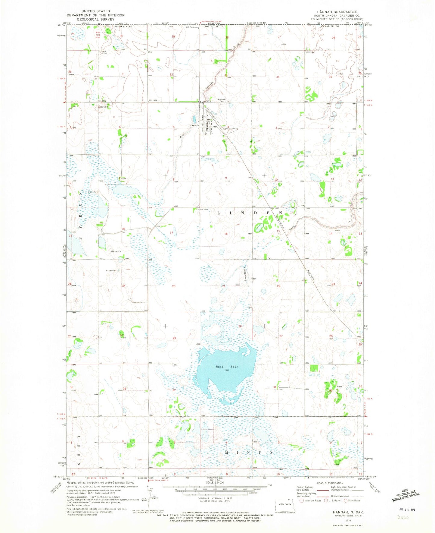 Classic USGS Hannah North Dakota 7.5'x7.5' Topo Map Image