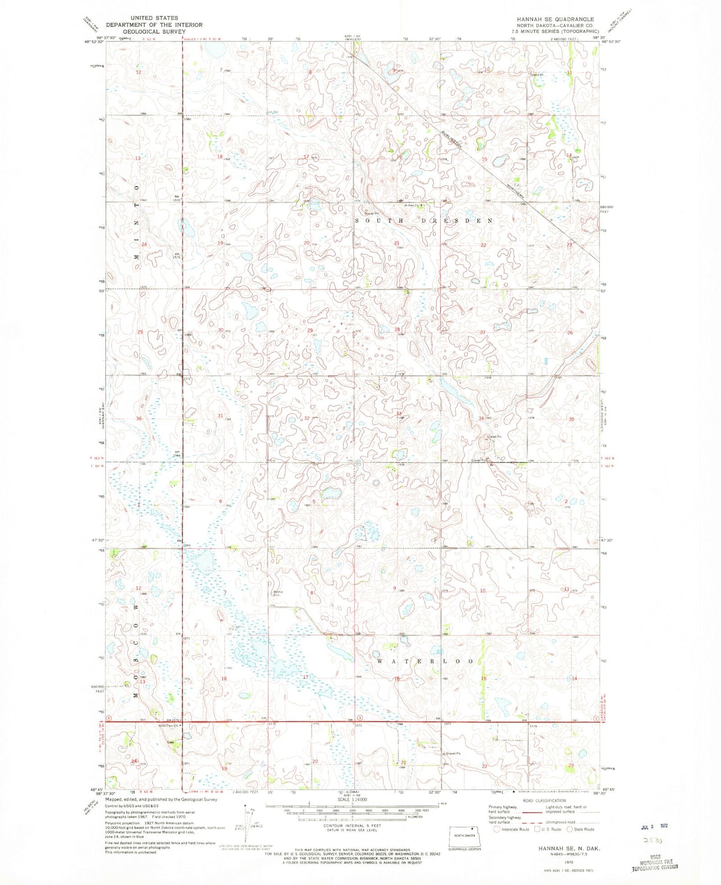 Classic USGS Hannah SE North Dakota 7.5'x7.5' Topo Map Image