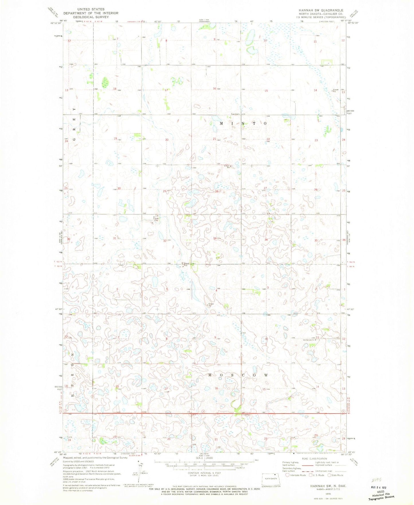 Classic USGS Hannah SW North Dakota 7.5'x7.5' Topo Map Image