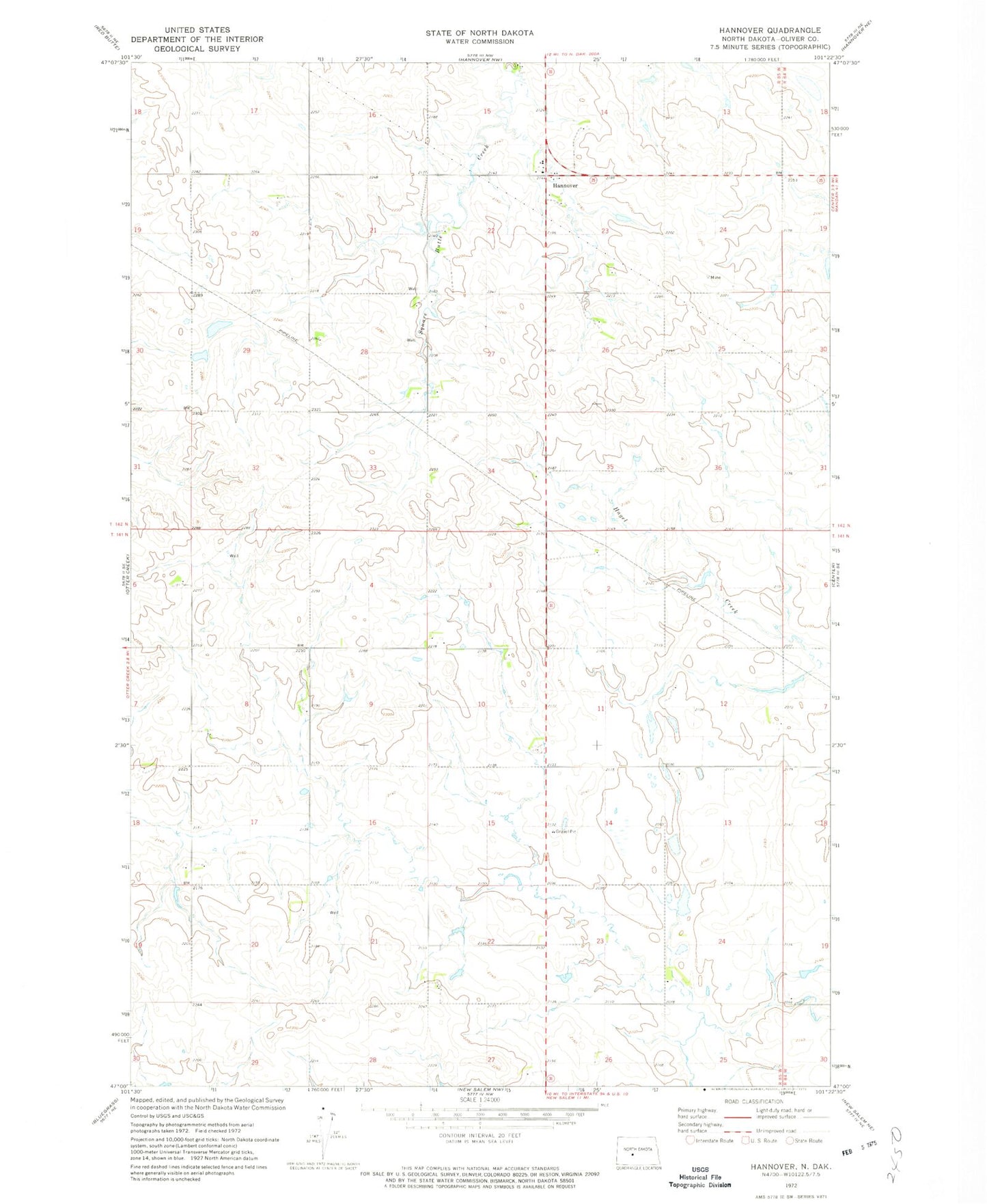 Classic USGS Hannover North Dakota 7.5'x7.5' Topo Map Image