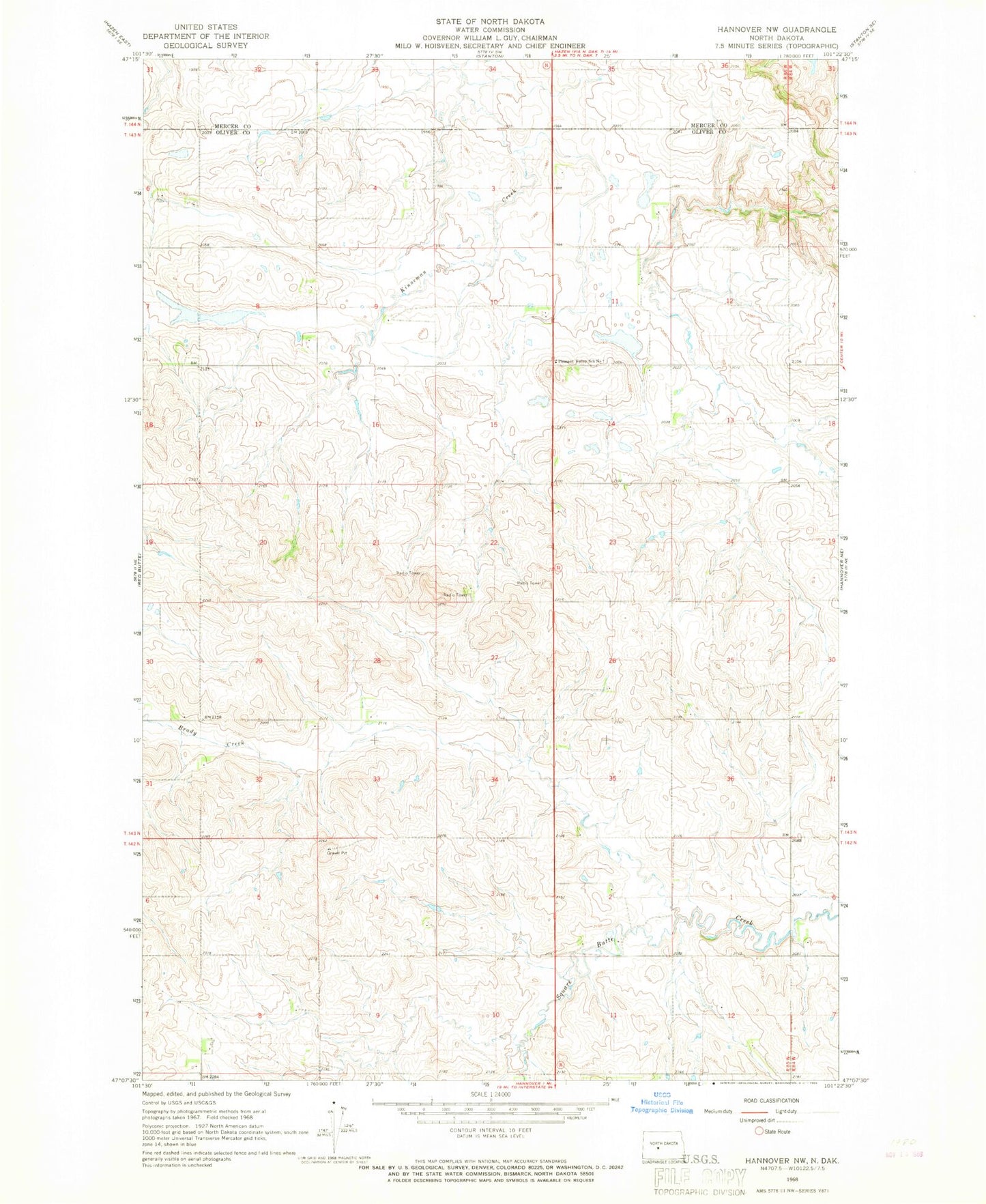 Classic USGS Hannover NW North Dakota 7.5'x7.5' Topo Map Image