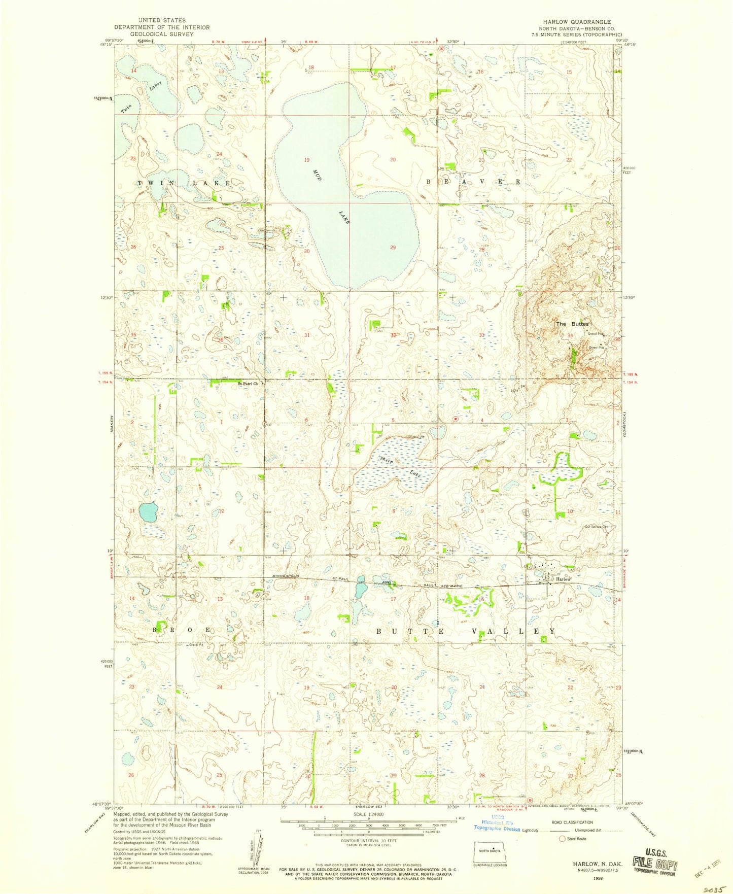 Classic USGS Harlow North Dakota 7.5'x7.5' Topo Map Image
