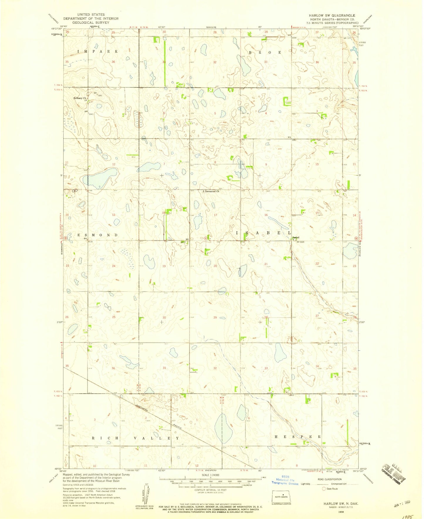 Classic USGS Harlow SW North Dakota 7.5'x7.5' Topo Map Image