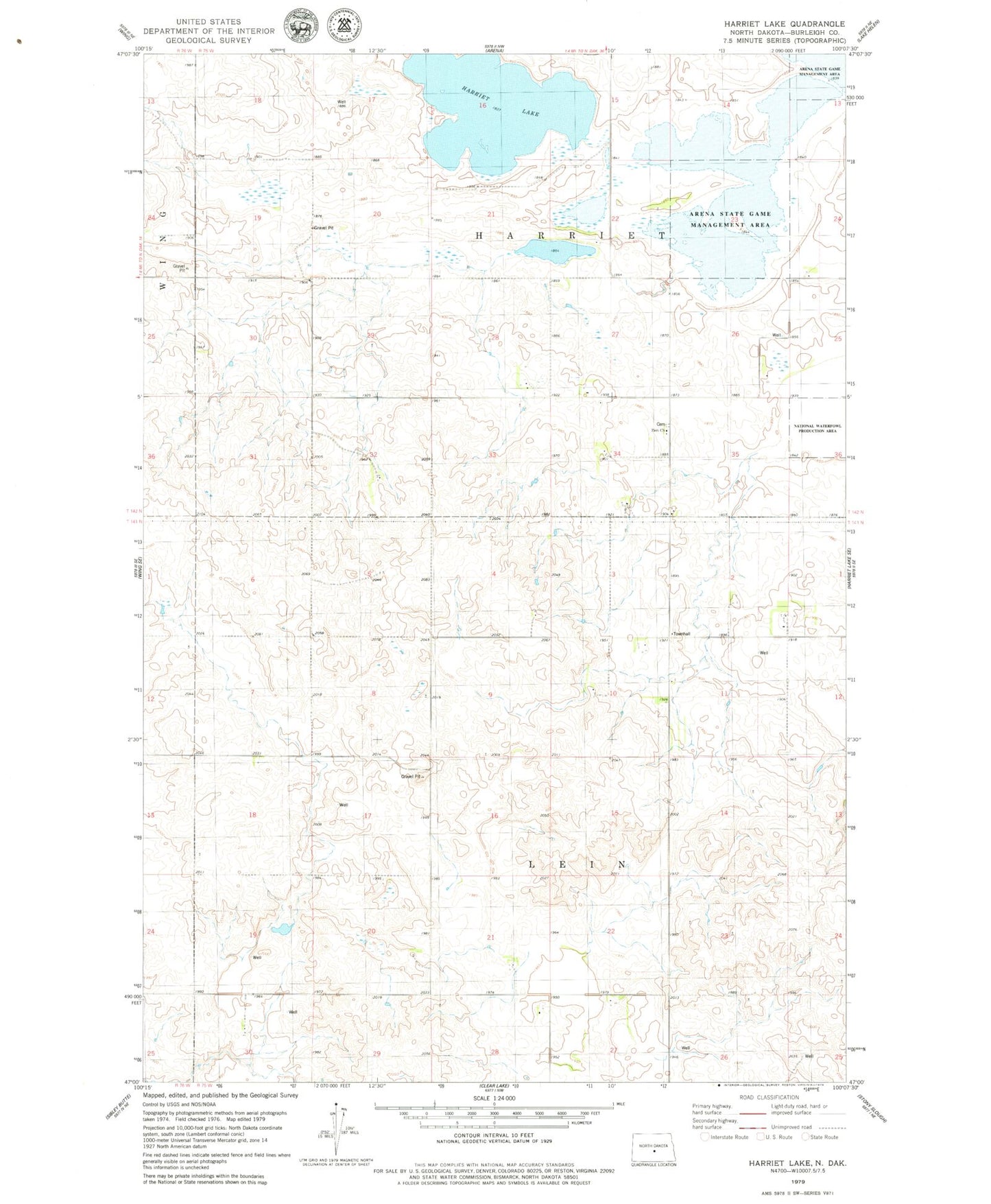 Classic USGS Harriet Lake North Dakota 7.5'x7.5' Topo Map Image