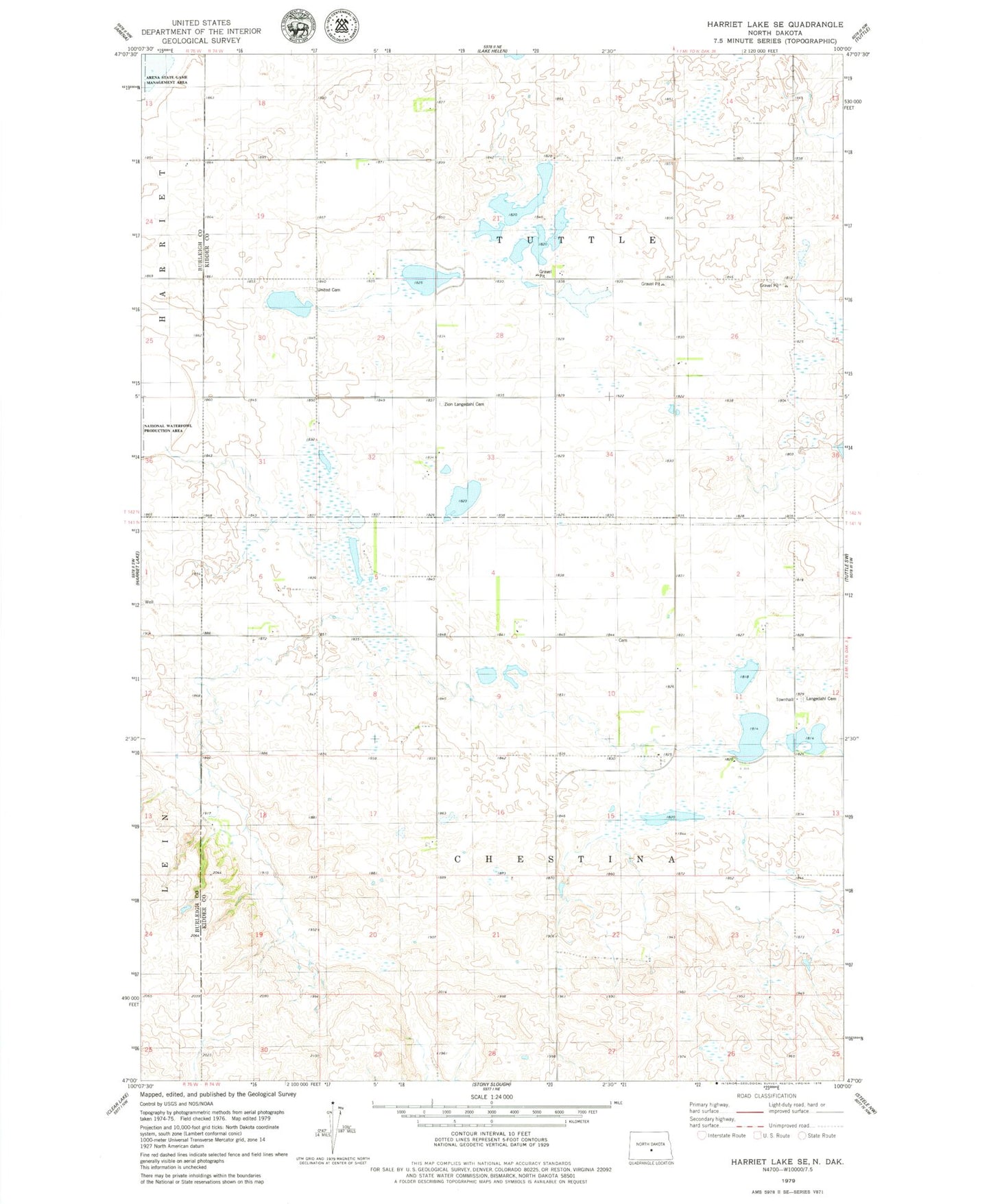 Classic USGS Harriet Lake SE North Dakota 7.5'x7.5' Topo Map Image