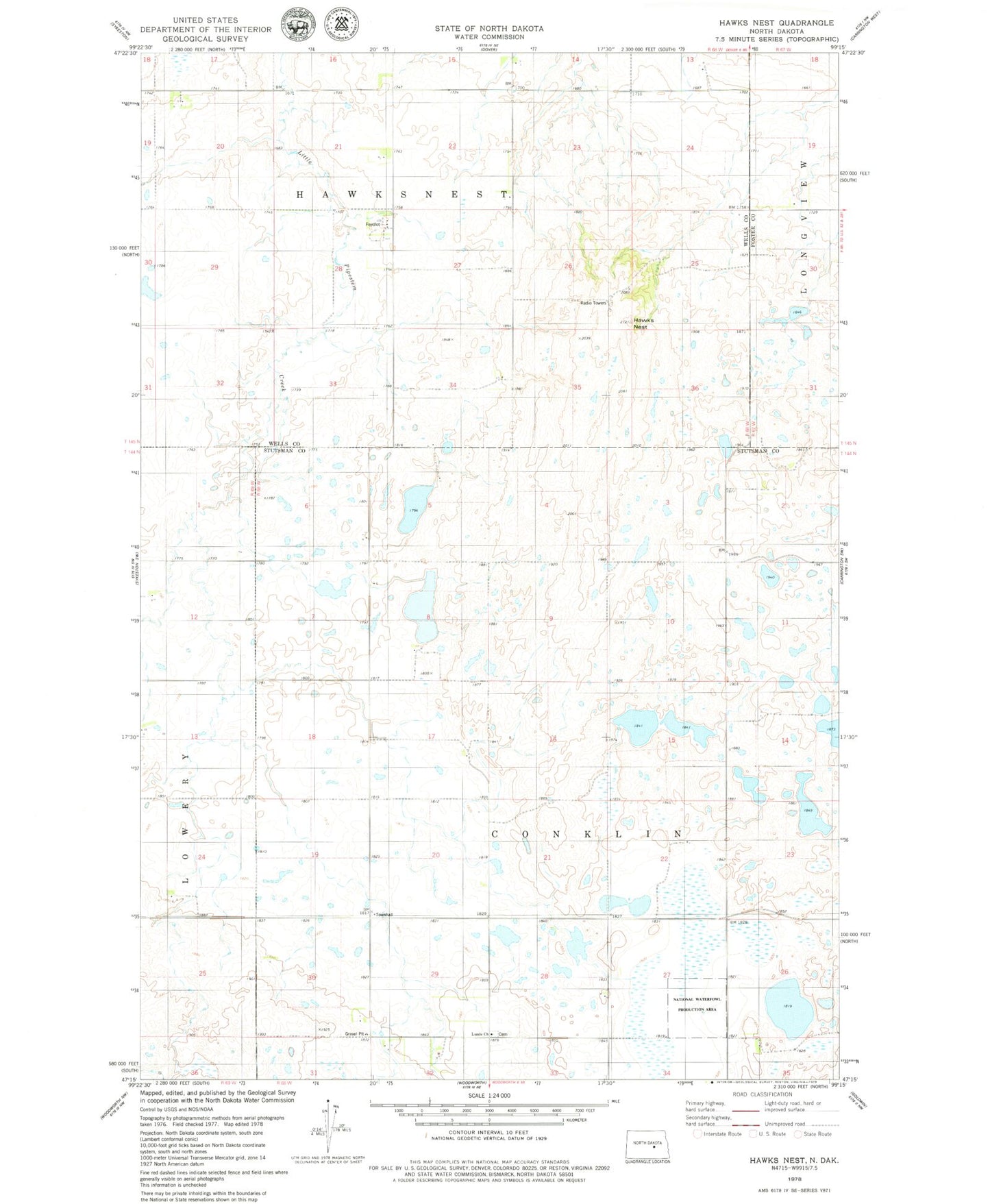 Classic USGS Hawks Nest North Dakota 7.5'x7.5' Topo Map Image