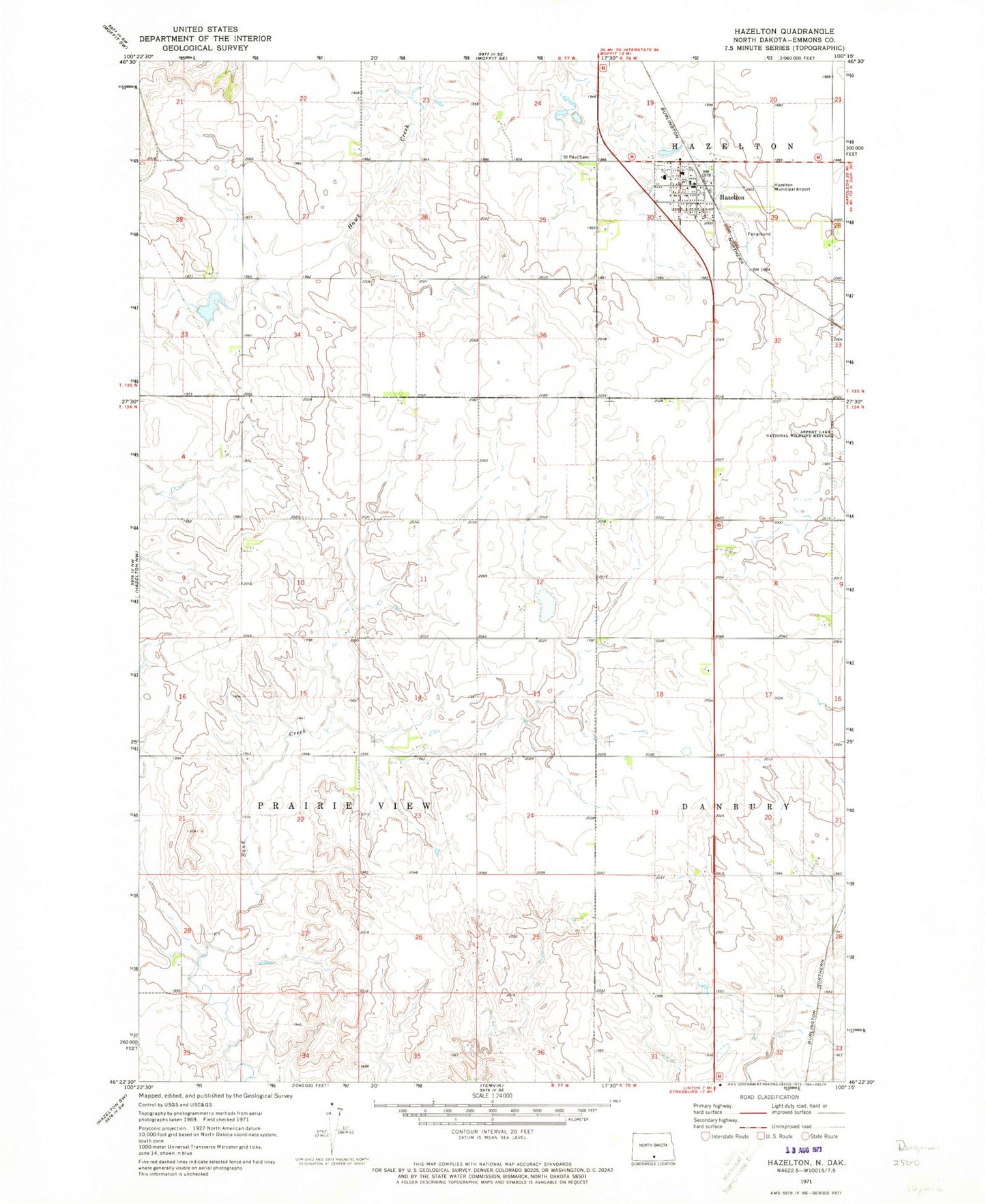 Classic USGS Hazelton North Dakota 7.5'x7.5' Topo Map Image