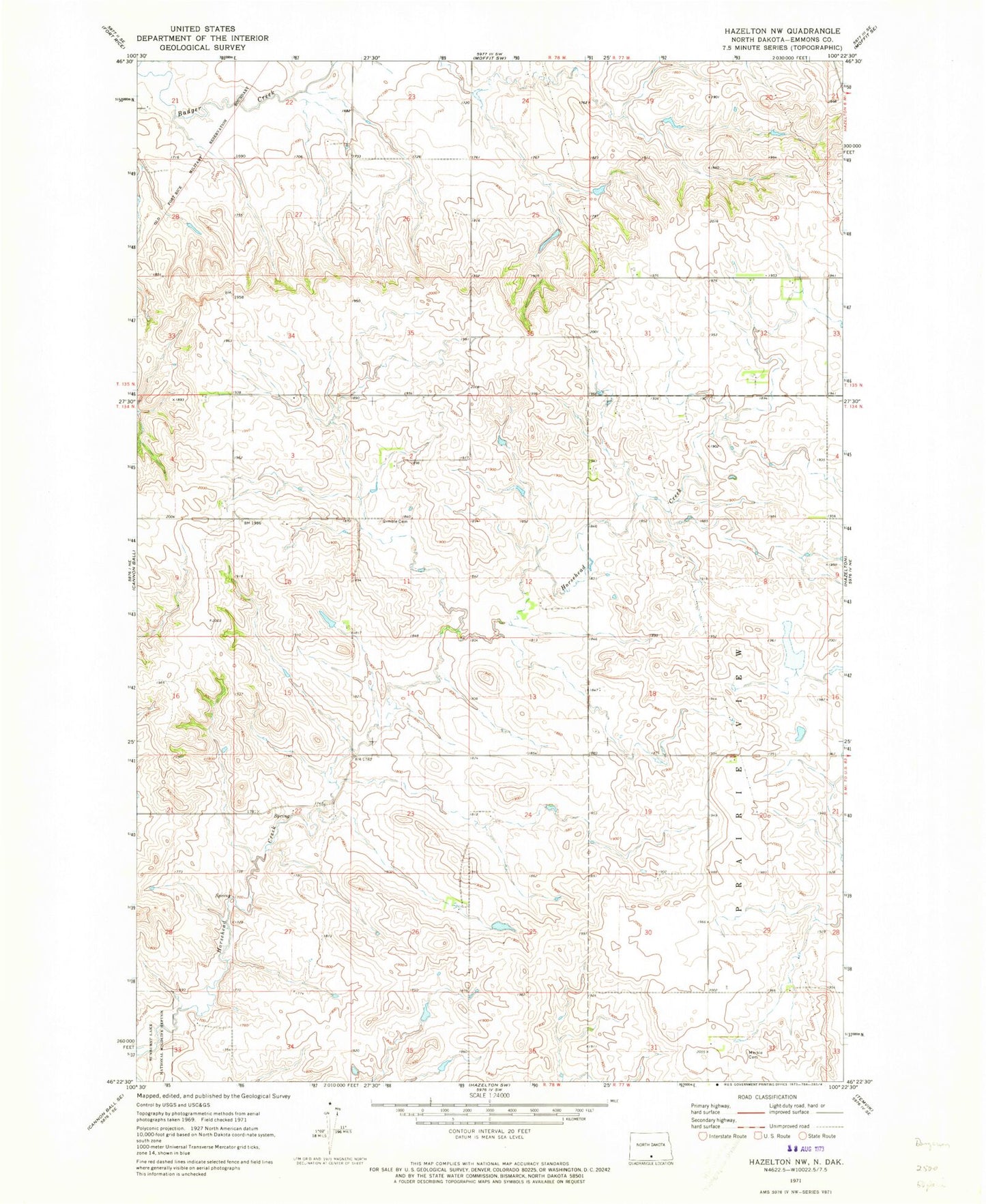 Classic USGS Hazelton NW North Dakota 7.5'x7.5' Topo Map Image