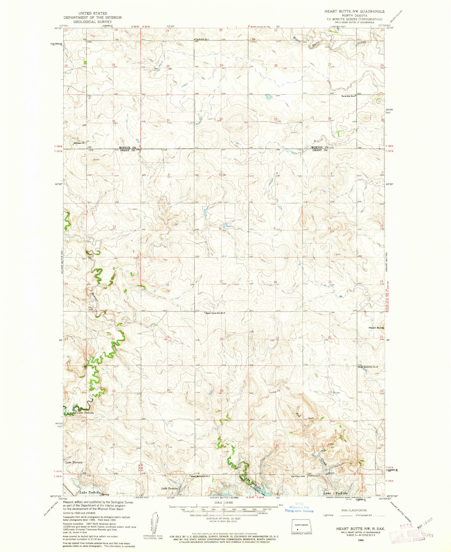 Classic USGS Heart Butte NW North Dakota 7.5'x7.5' Topo Map Image