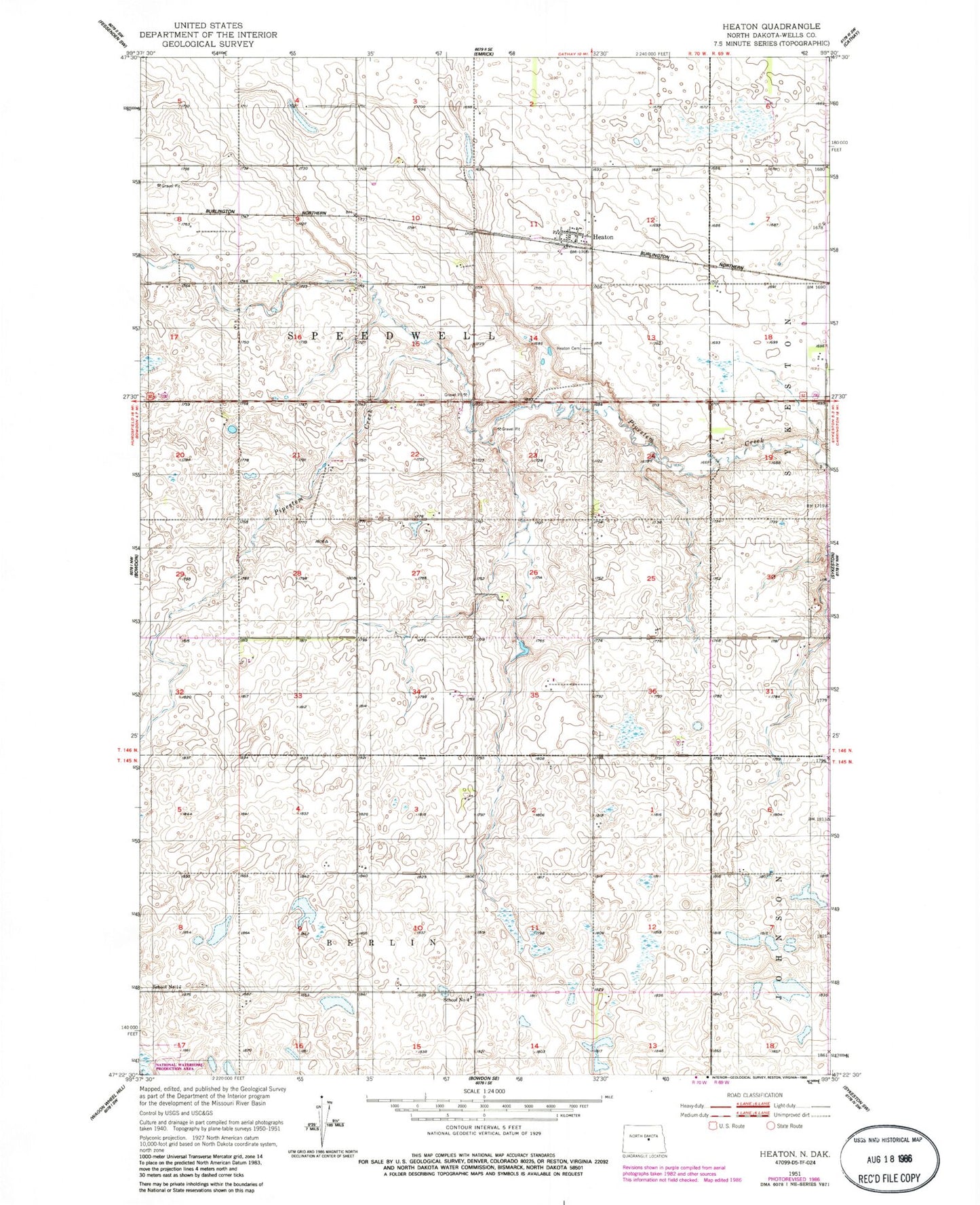 Classic USGS Heaton North Dakota 7.5'x7.5' Topo Map Image