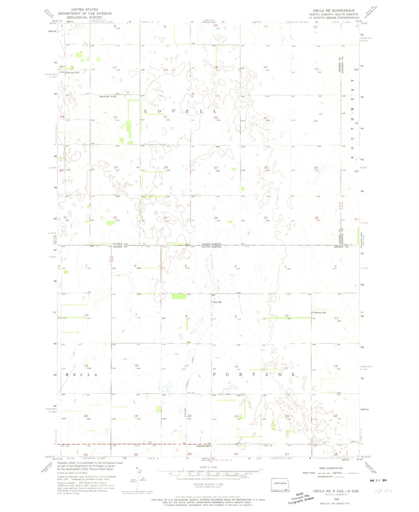 Classic USGS Hecla NE North Dakota 7.5'x7.5' Topo Map Image